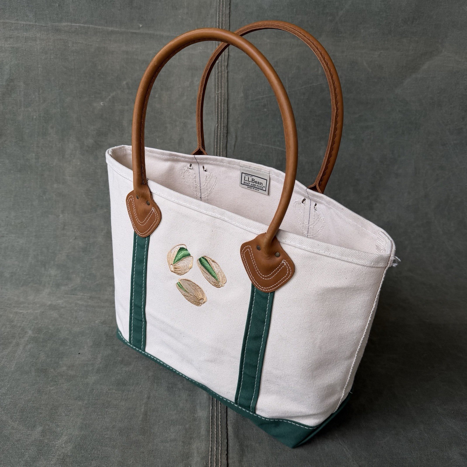 1990s LL Bean Leather Handle Boat And Tote Custom Embroidery Pistachio Vtg Stiff