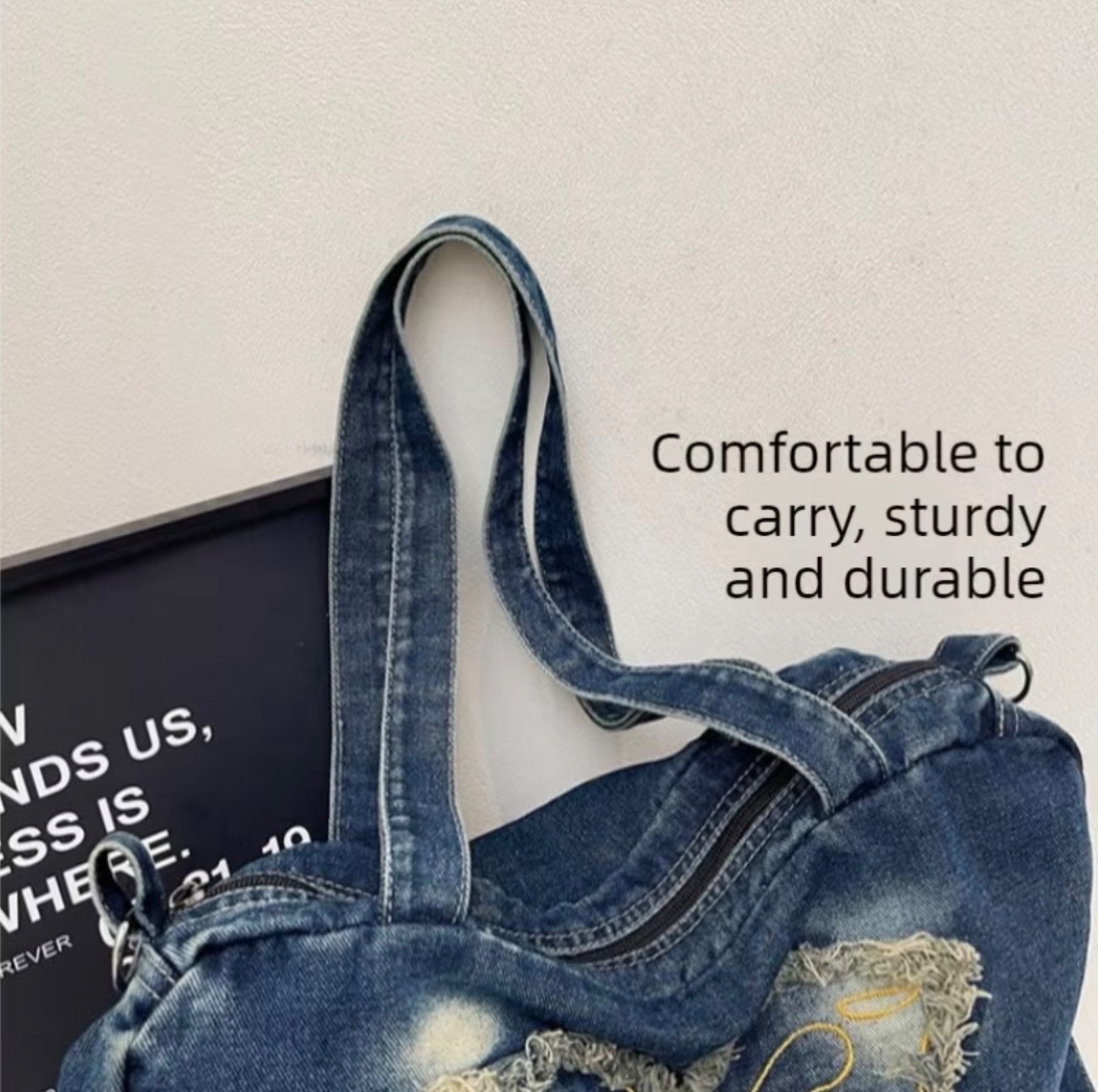 Dark Blue Denim Crossbody Shoulder Bag With Butterfly Design