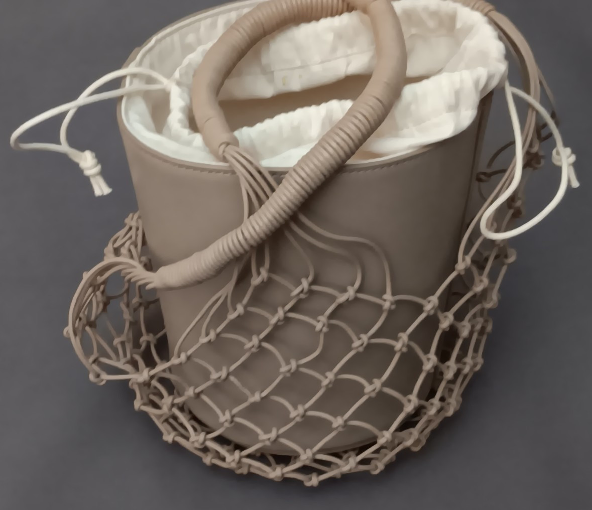 New J Crew Basket Leather Bag Beige Canvas Drawstring Liner NWT