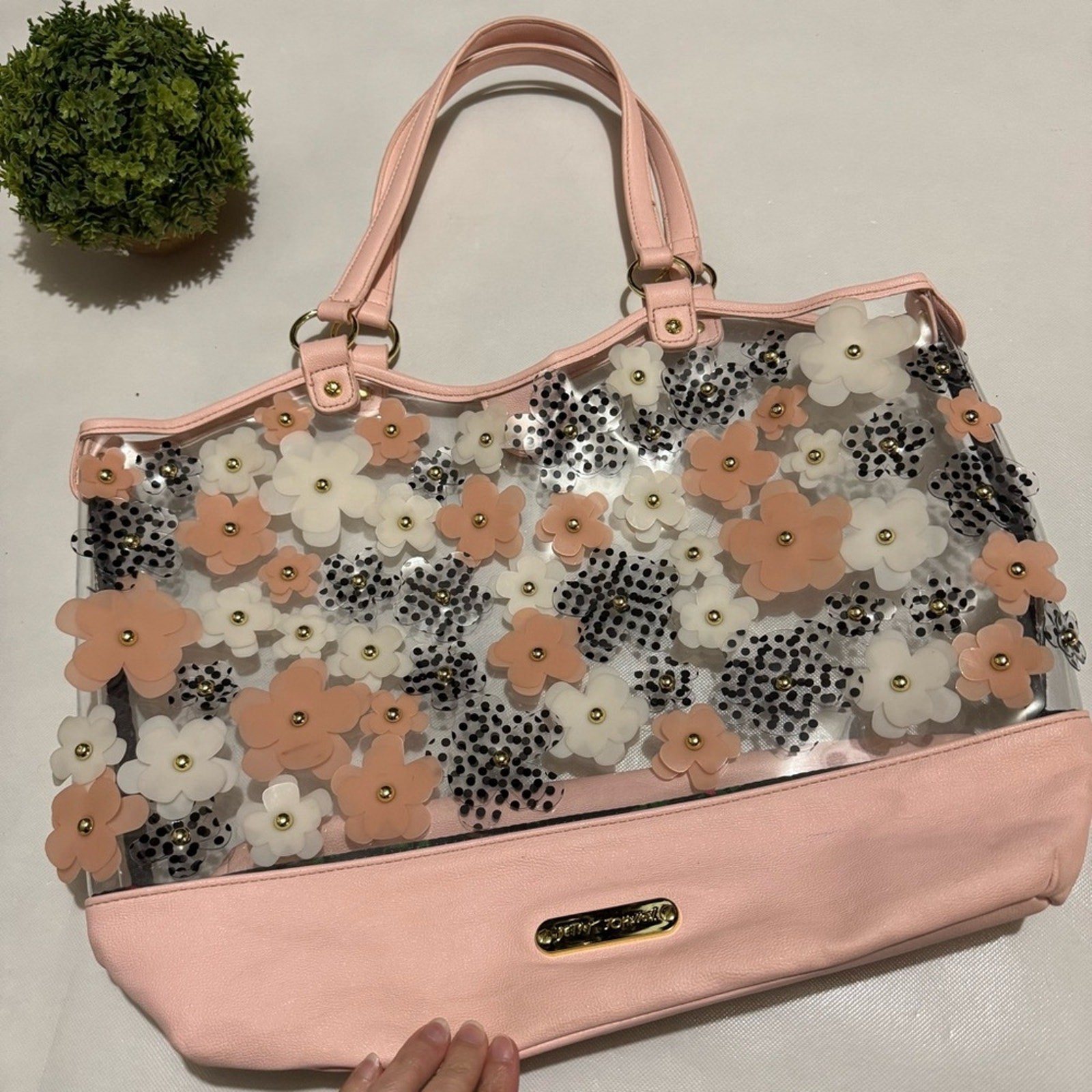 Betsey Johnson Clear Pink 3D Floral Tote Bag Purse Vintage Spring Feminine Girly