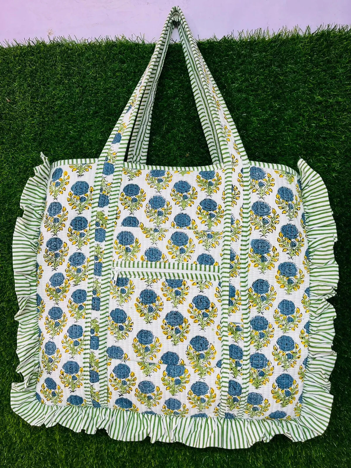 Large Cotton Quilted Frill Tote Bag Handle Grocery Bag Bag For Women Ruffle Tote