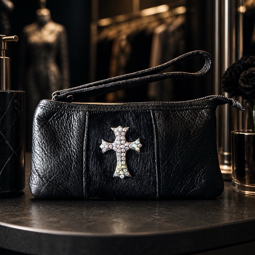 Raviani Black Color Leather Clutch W/Full Crystal Cross Ornament