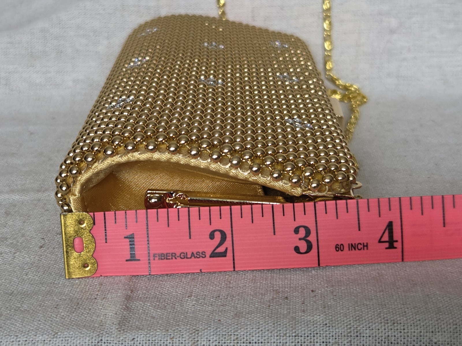 Gold Beaded Clutch Evening Bag Rhinestone Accent Chain Strap Vintage