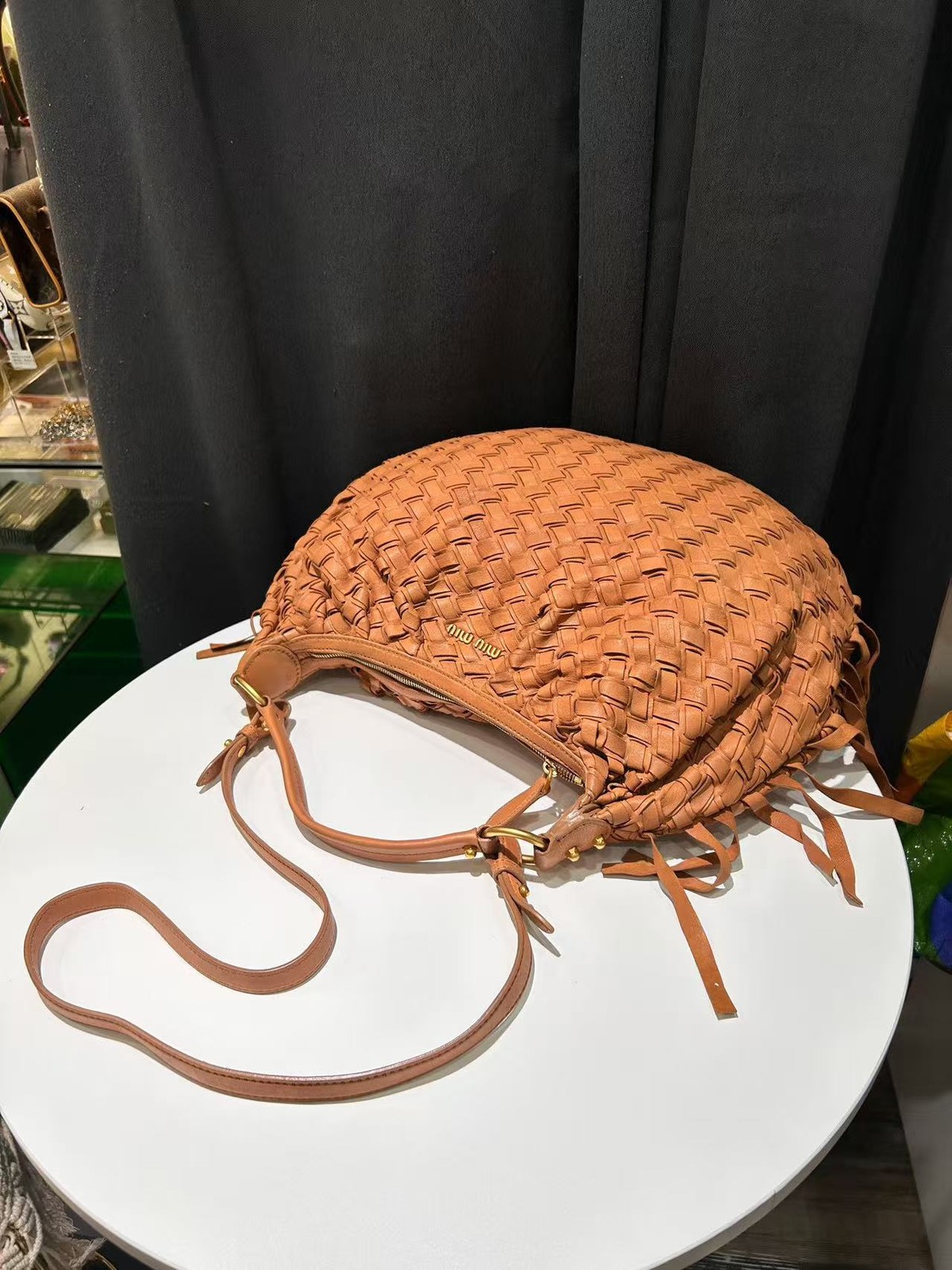 Authentic Miu Miu Woven Tassel Caramel Brown Lambskin Handbag Italy