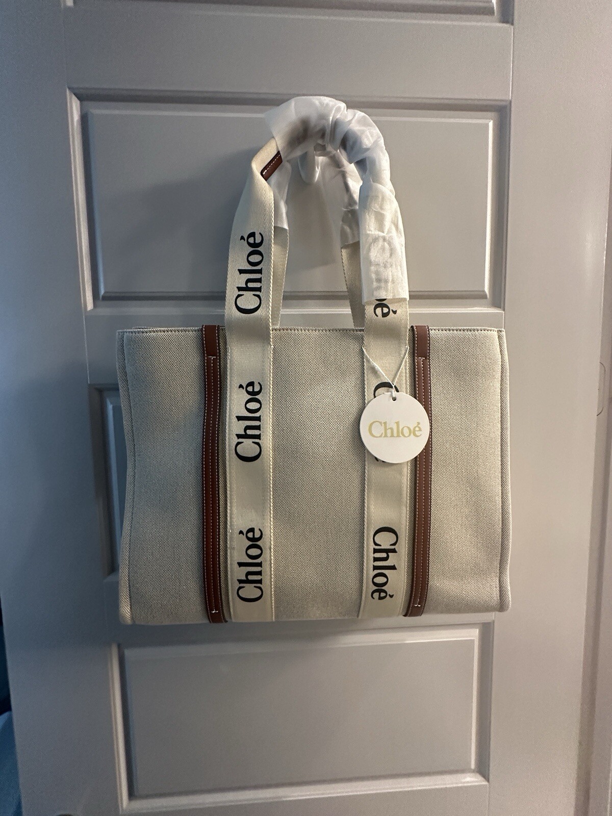Chloe Woody Tote White & Brown Linen NWT Large $1550 Retail