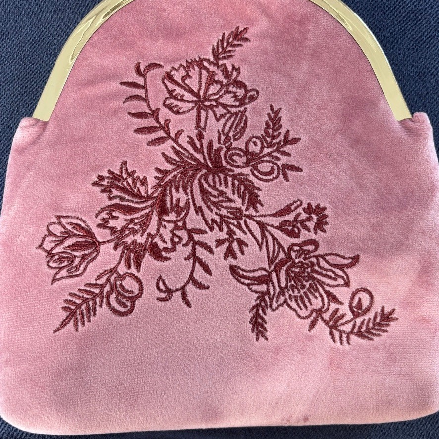 Fable England Rose Pink Velvet Victoriana Embroidered Bag Gold Chain