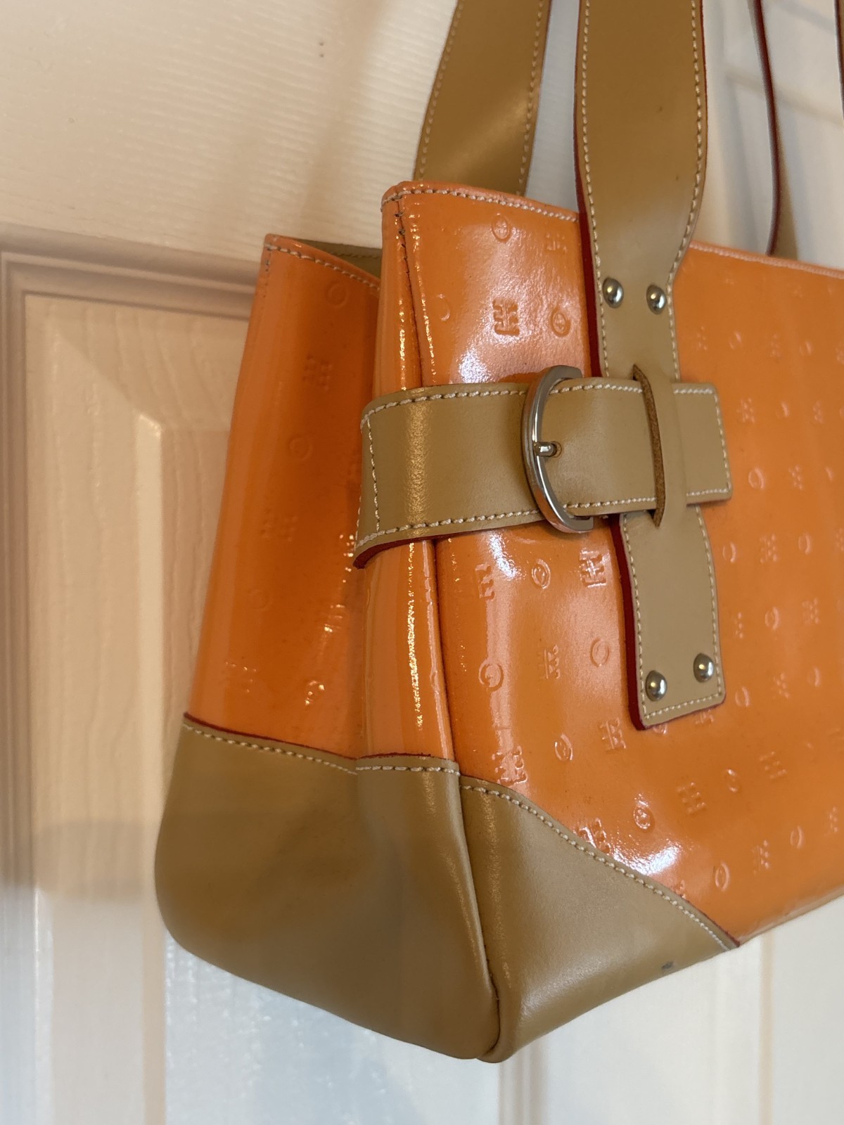 Arcadia Orange Logo Patent Shoulder Bag-Orange With Beige Handles and bottom