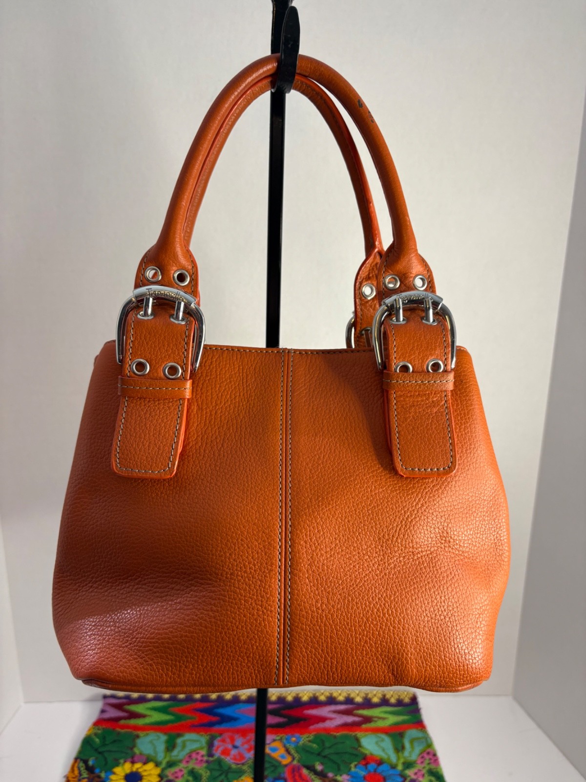 Tignanello Women’s Orange Leather Top Handle Branded Buckle Handbag Purse EUC