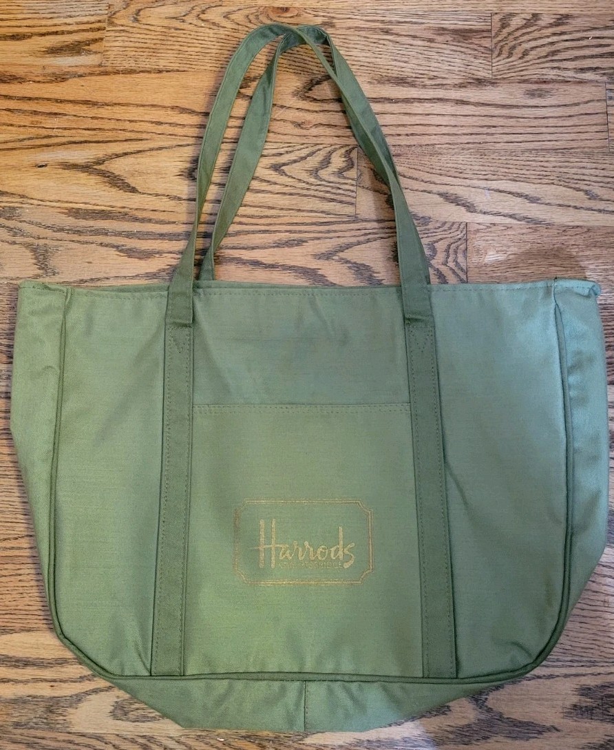 Harrods Large Canvas Tote Bag Olive Green Zip Bag London