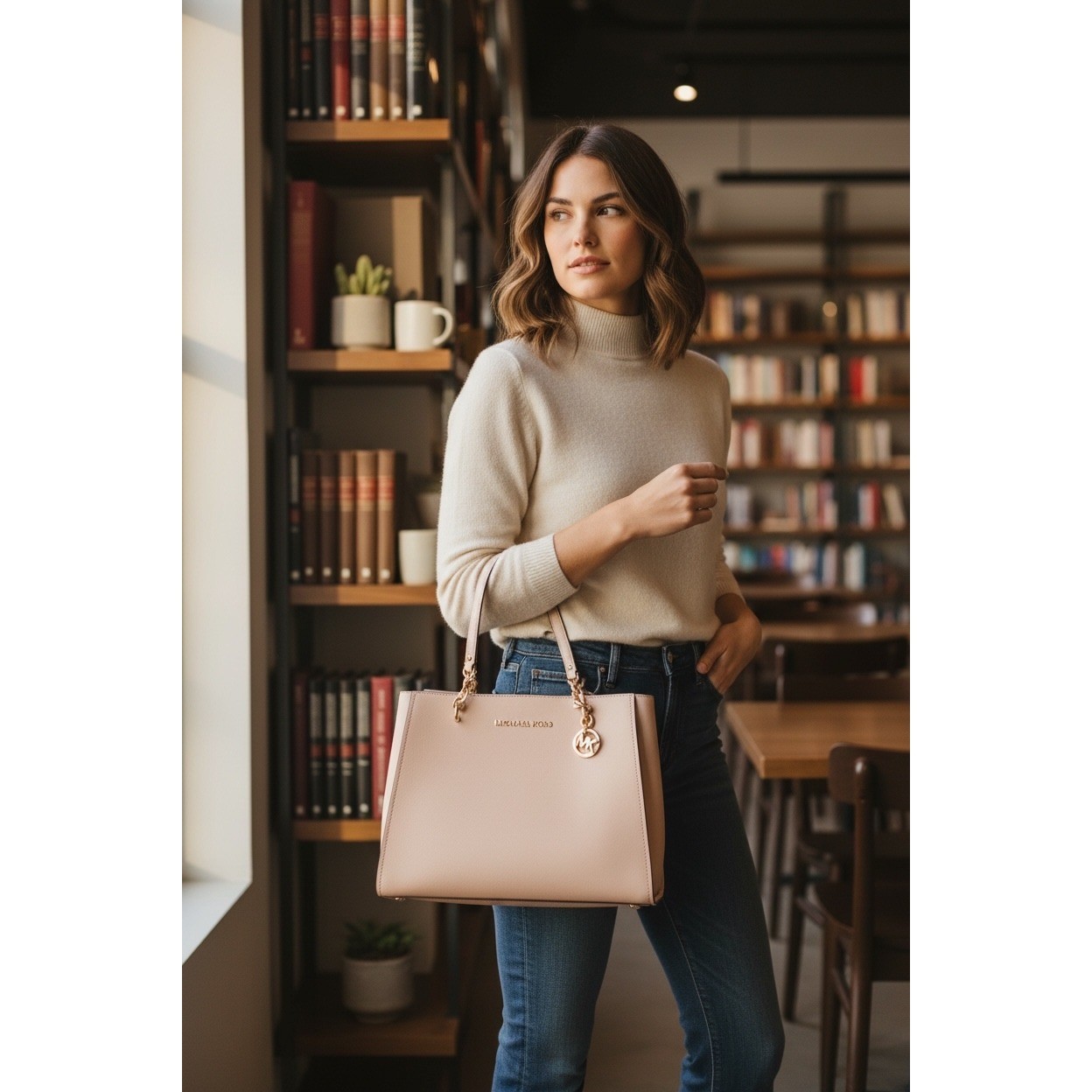 Michael Kors Cynthia Tote Women Large Pink Excellent Saffiano Leather Gold Chain