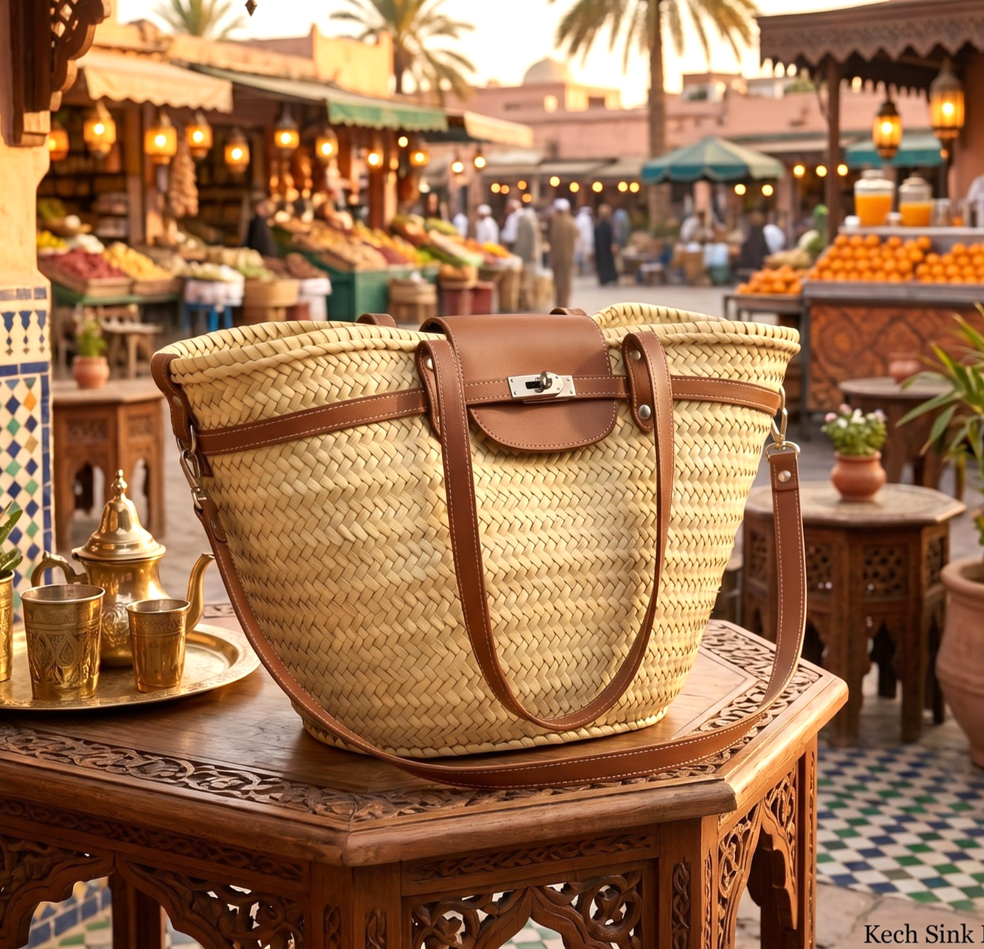 Handmade Large French Straw Basket Bag – Woven Palm Leaf Tote with Leather