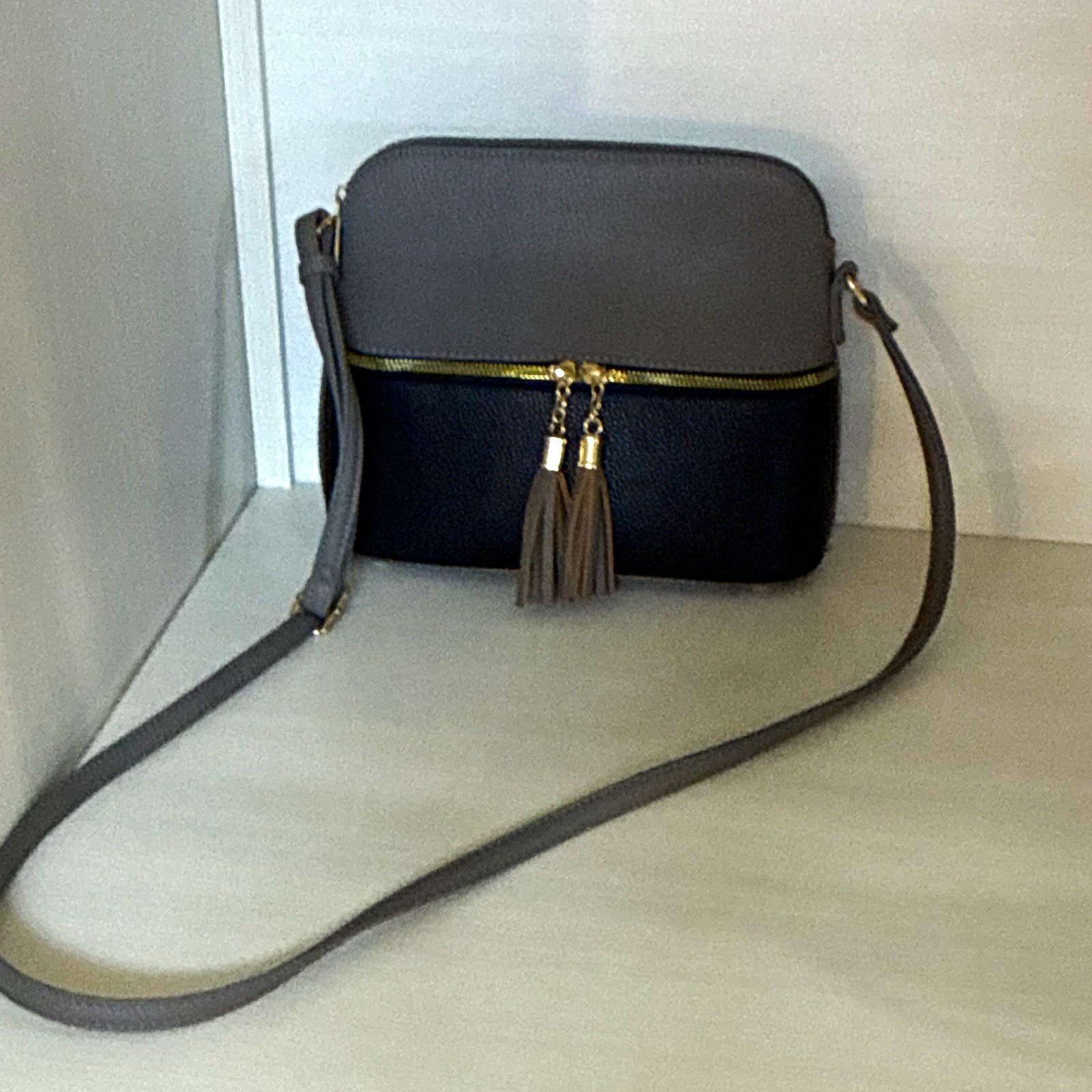 Women’s Gray Black Colorblock Crossbody Bag Zip Tassel Detachable Gold Studs