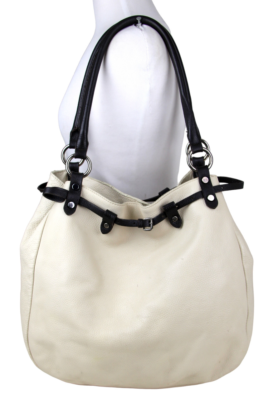 Maurizio Taiuti BEIGE GENUINE LEATHER BLACK TRIM SHOULDER BAG HOBO HANDBAG PURSE