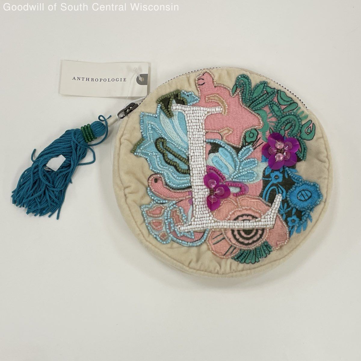 Anna Harlow Russo X Anthropologie Beaded Embroidered ‘L’ Round Pouch Bag
