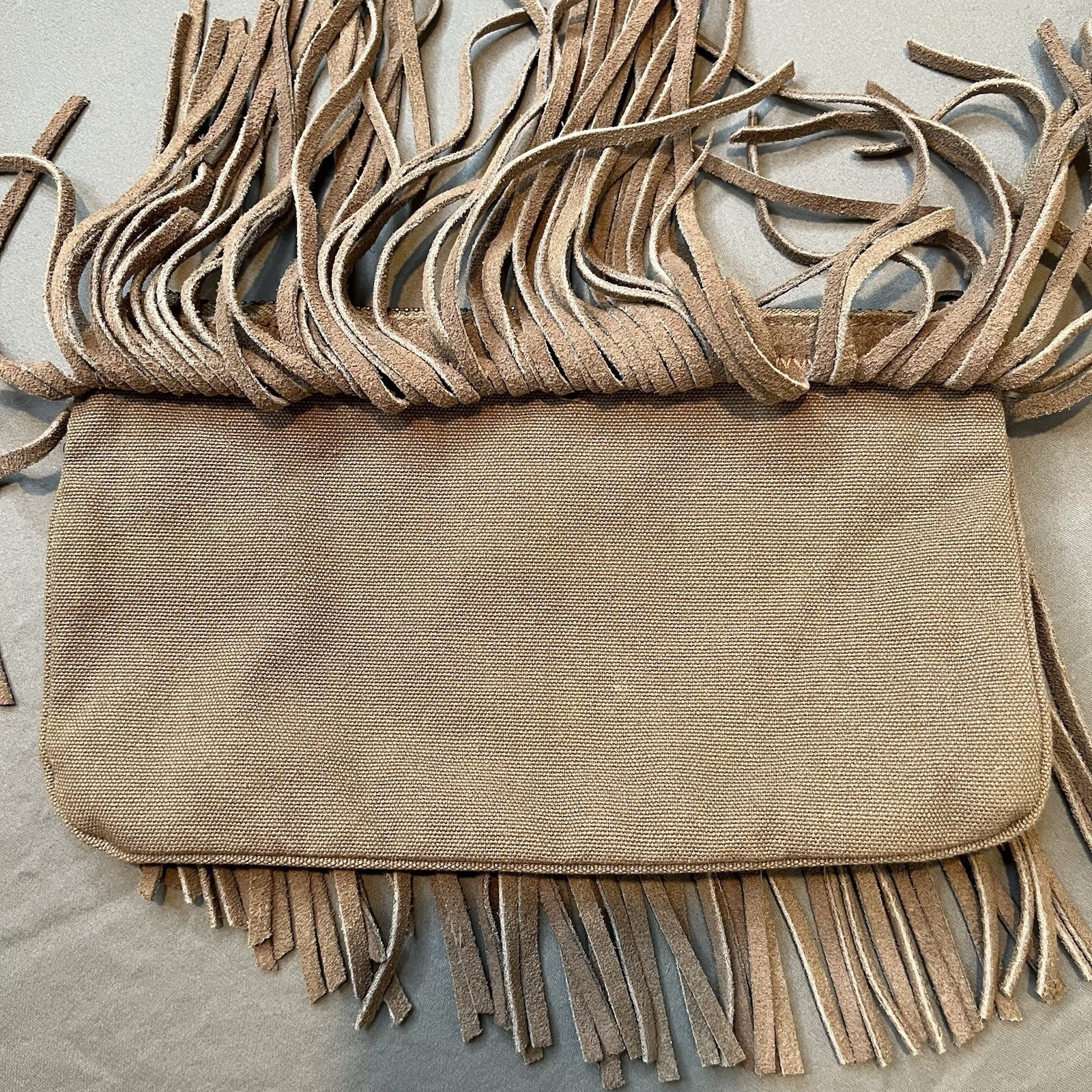 American Eagle Purse Small AEO Wristlet Boho Fringe Suede On Canvas Light Brown