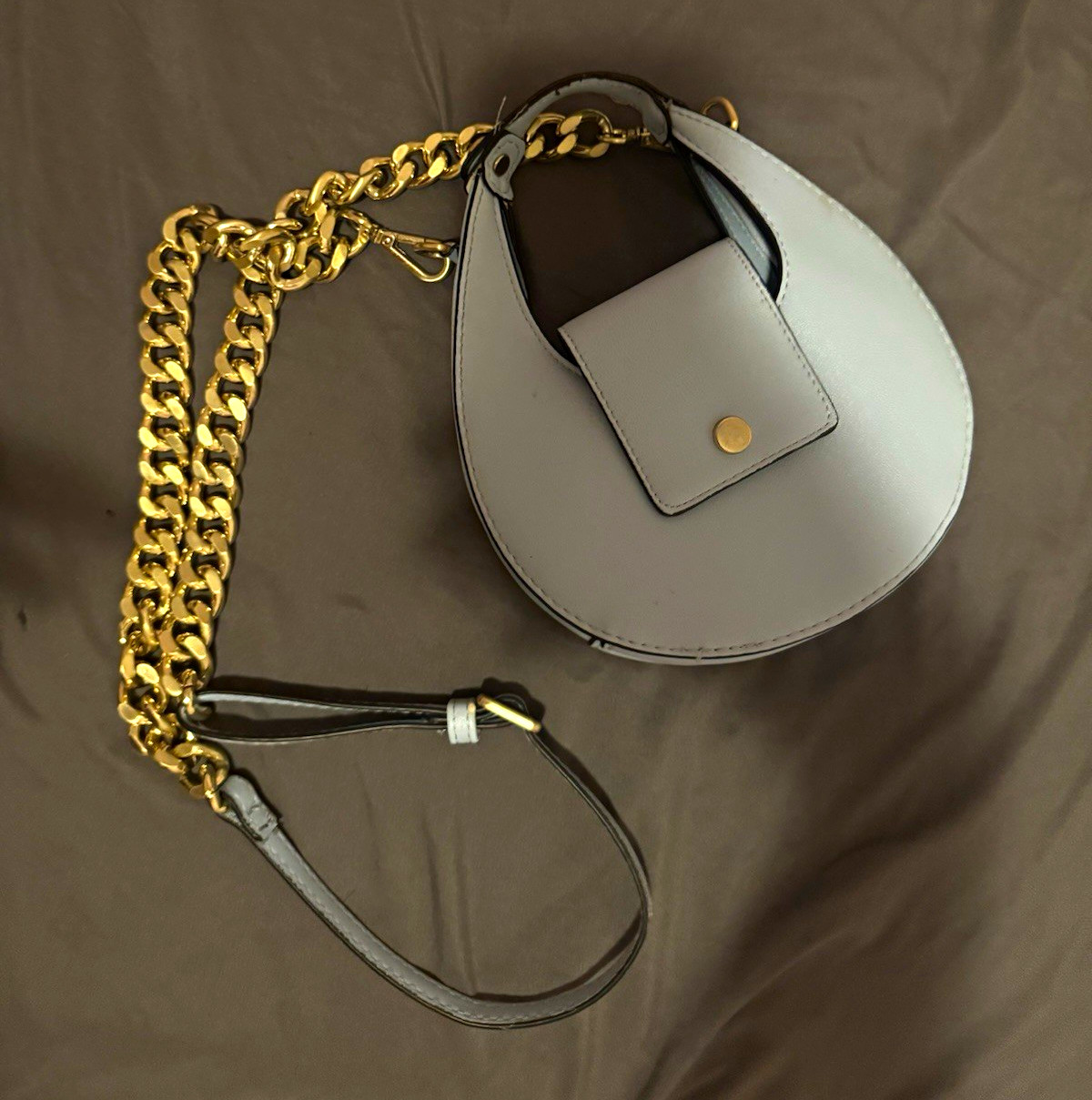 Women’s Small Round Light Blue Crossbody Bag, Gold Chain, Detachable Strap