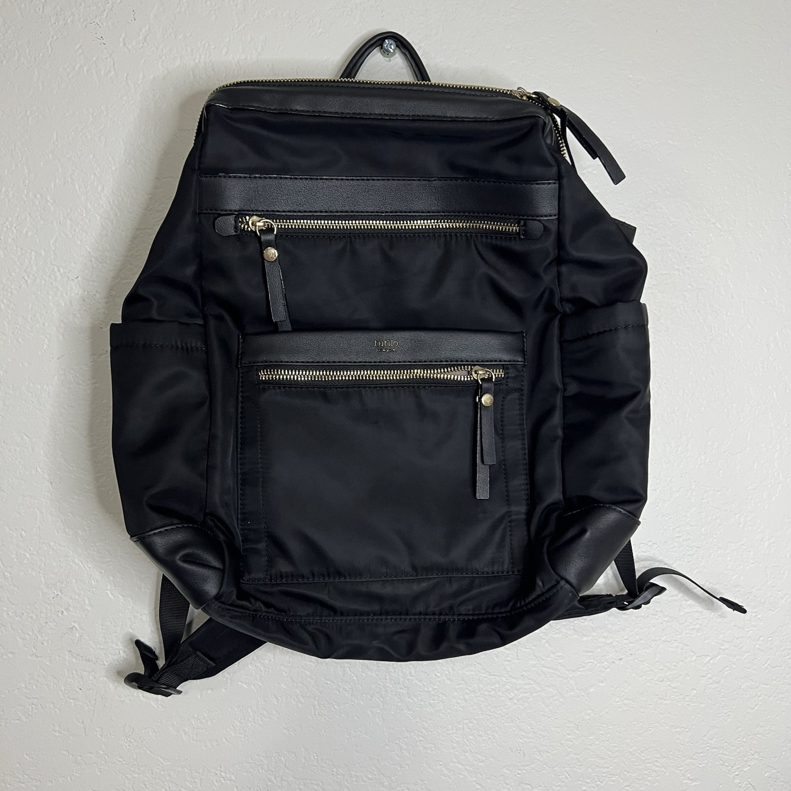 Tutilo New York Boost Black Nylon Leather Backpack School Laptop Bag Travel