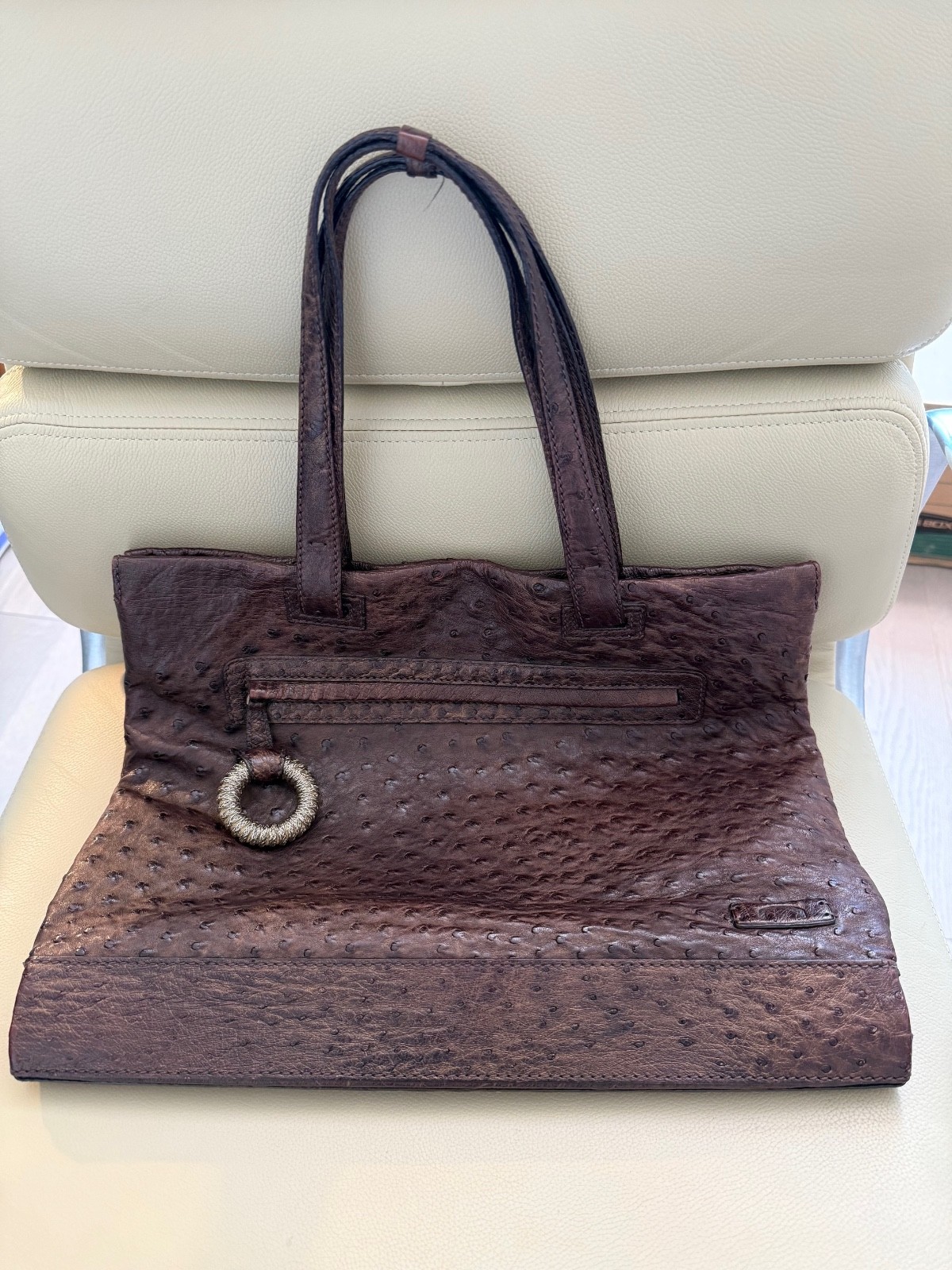 NUTI Genuine Ostrich Elegant Handbag, Brown — used, excellent condition