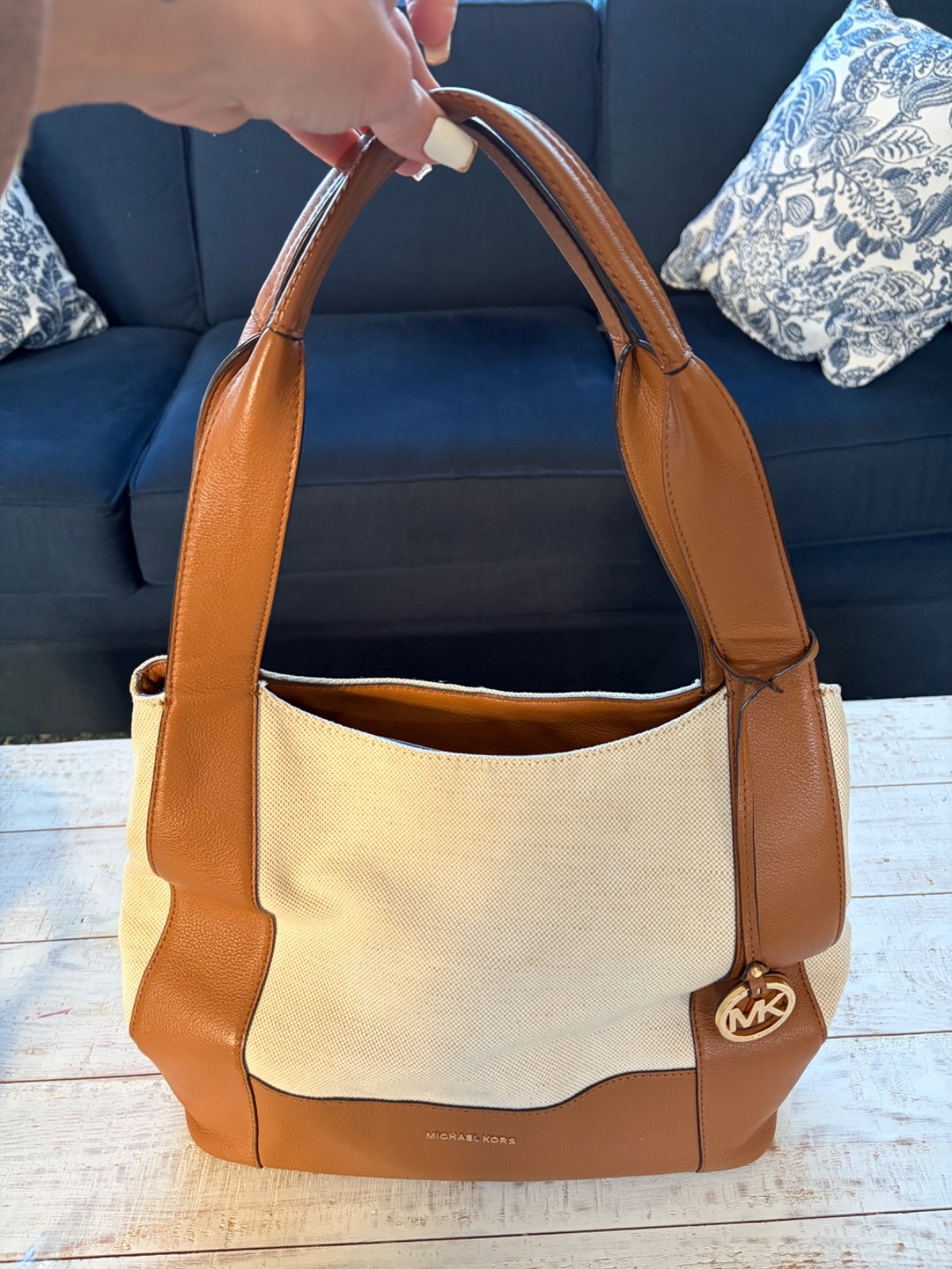 Michael Kors Large Canvas & Leather Shoulder Hobo Bag from the Heather collectio
