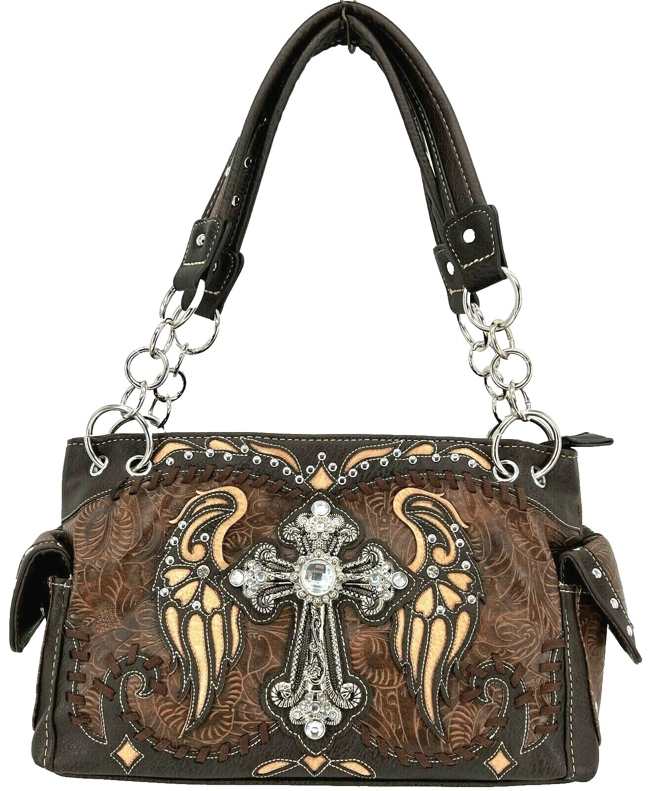 CROSS & WINGS RHINESTONES STUDDED BAG CONCEALED PURSE CHRISTIAN SHOULDER HANDBAG