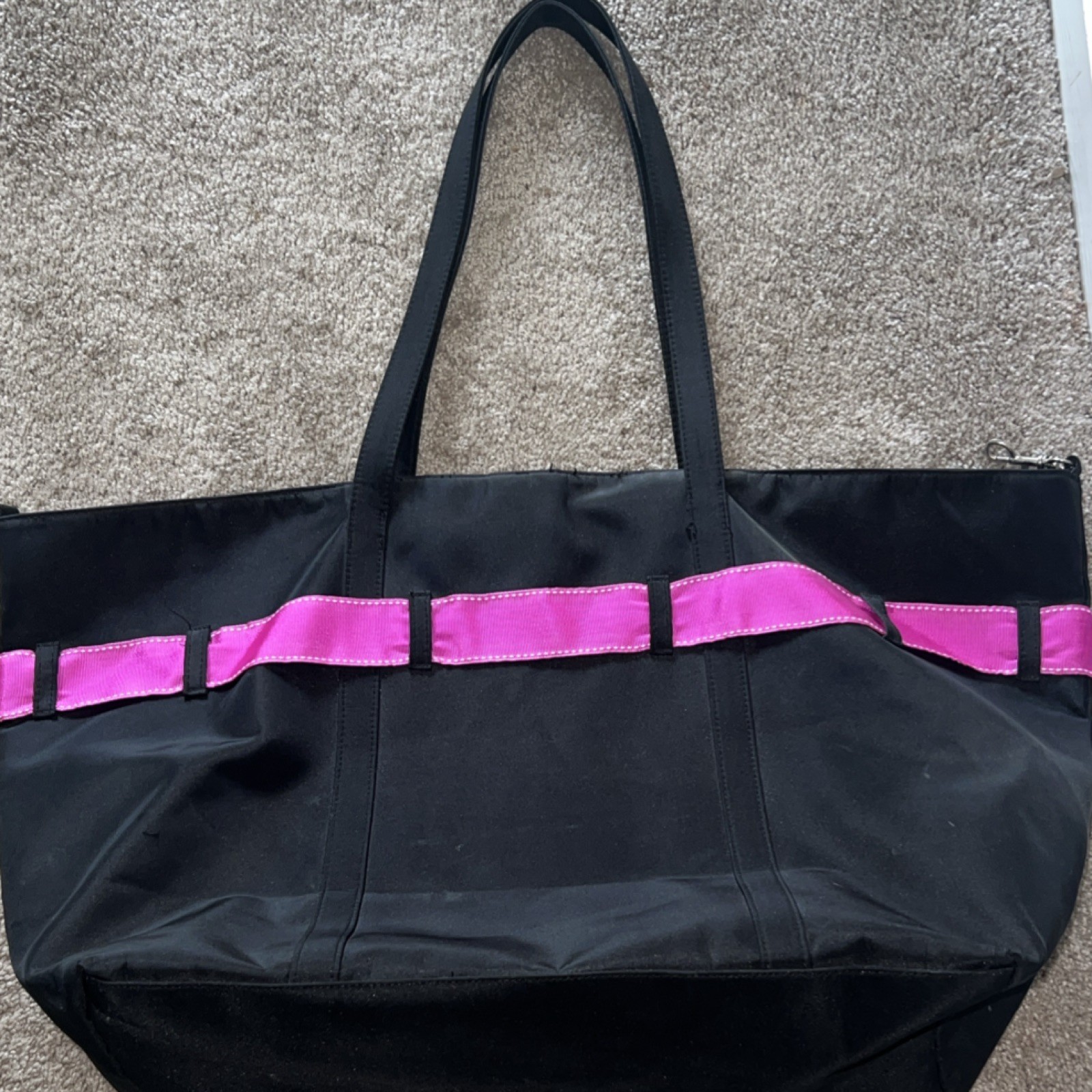 Black Embroidered Monogrammed “L” Tote Bag with Decorative Ribbon