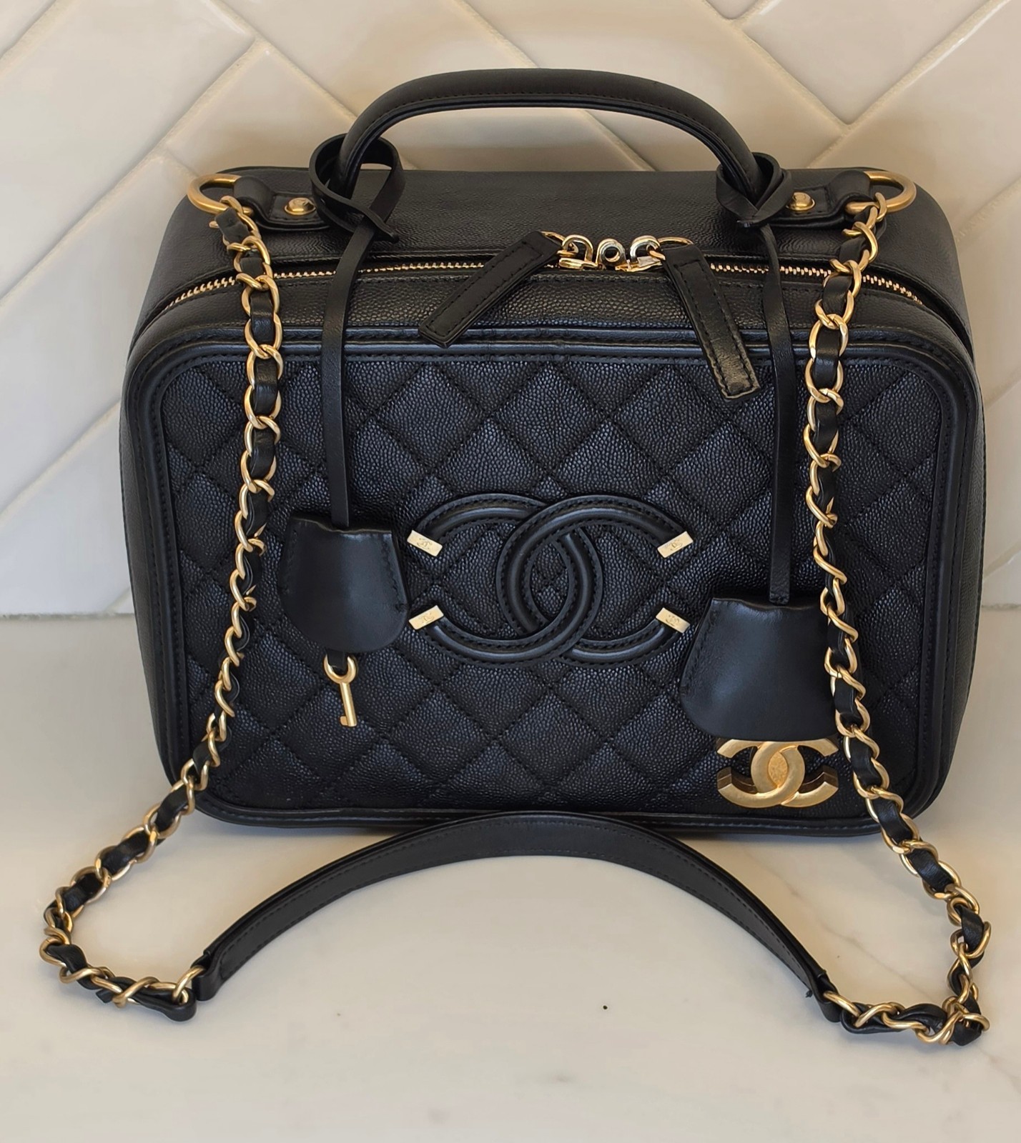 Chanel Filigree Large Black Caviar Vanity Case Gold Hardware w/ Black Card