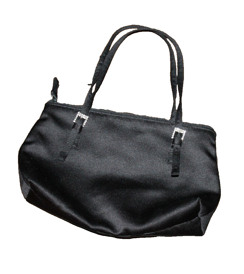 Black Mini Purse Zip Close Black Satin W/ Rhinestone trim Small Elegant 8×5″
