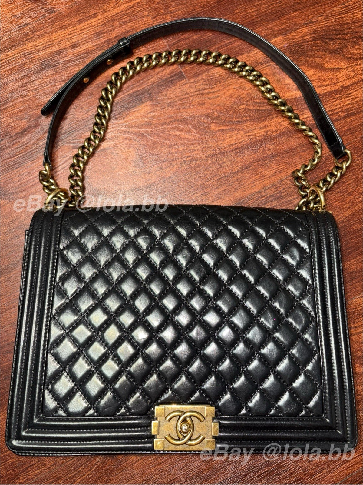 CHANEL Black Quilted Crinkle Leather Boy Bag With Antique Gold Hardware Large