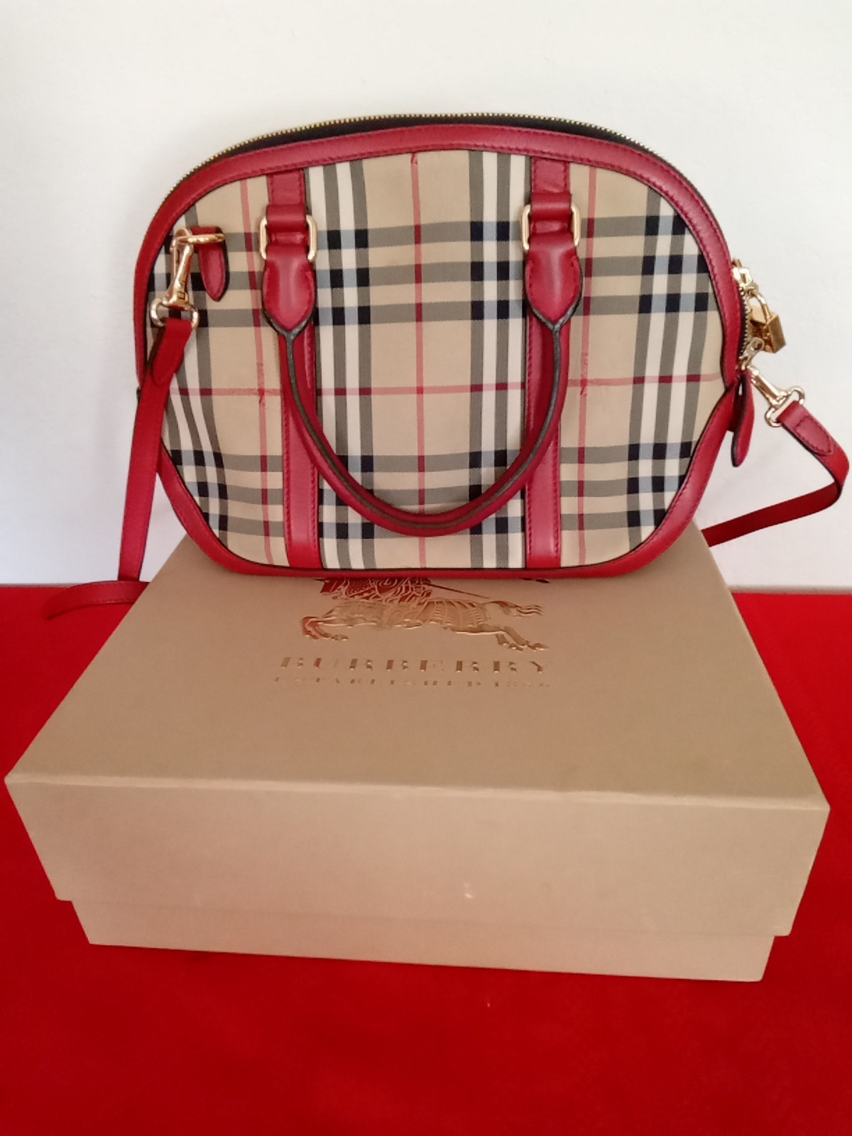Burberry Red Horseferry Check Canvas Leather Small Orchard Bowling Bag