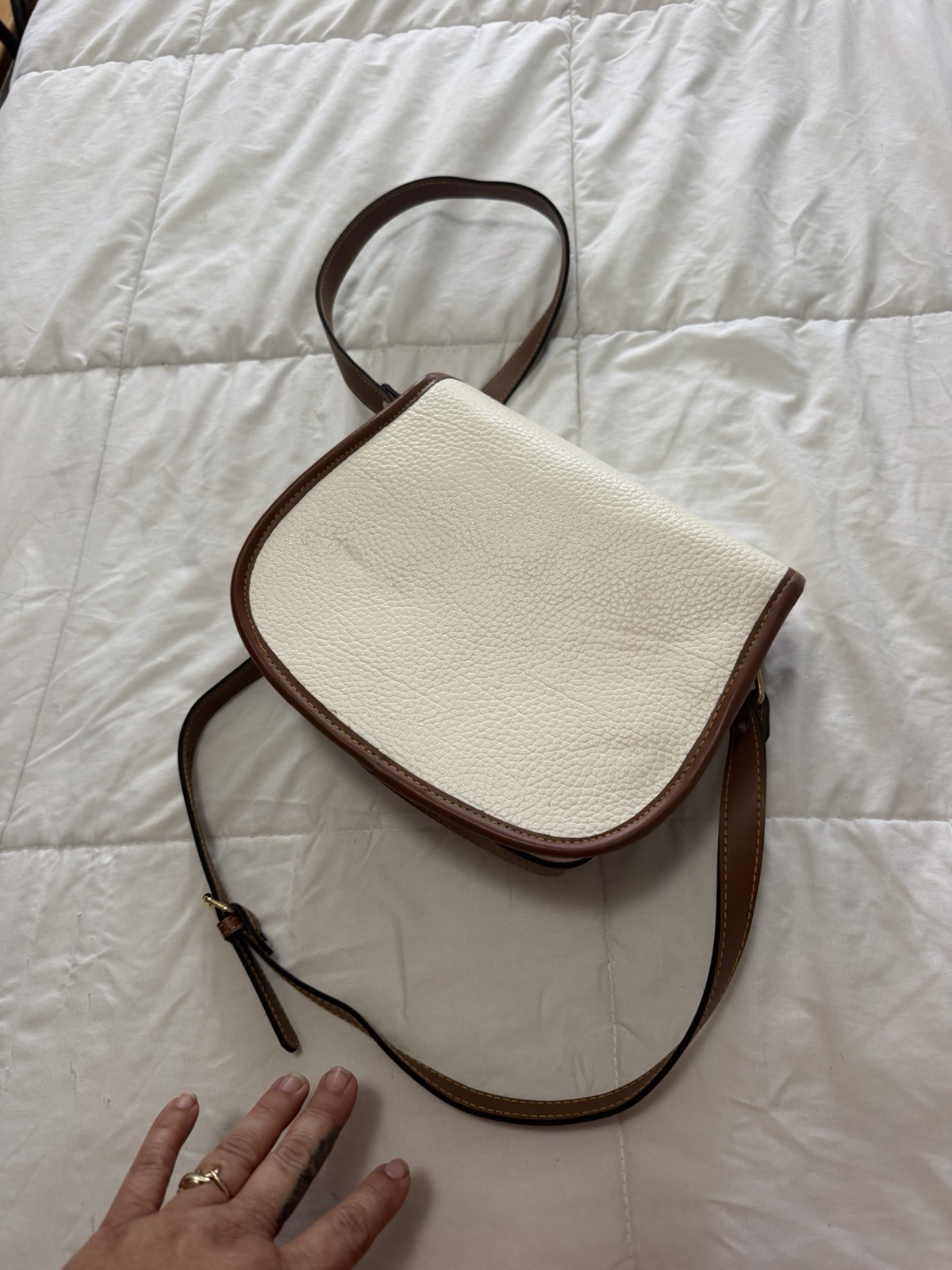 Dooney & Bourke Ivory/Brown Small Crossbody Bag Turn Lock, Gold Hardware