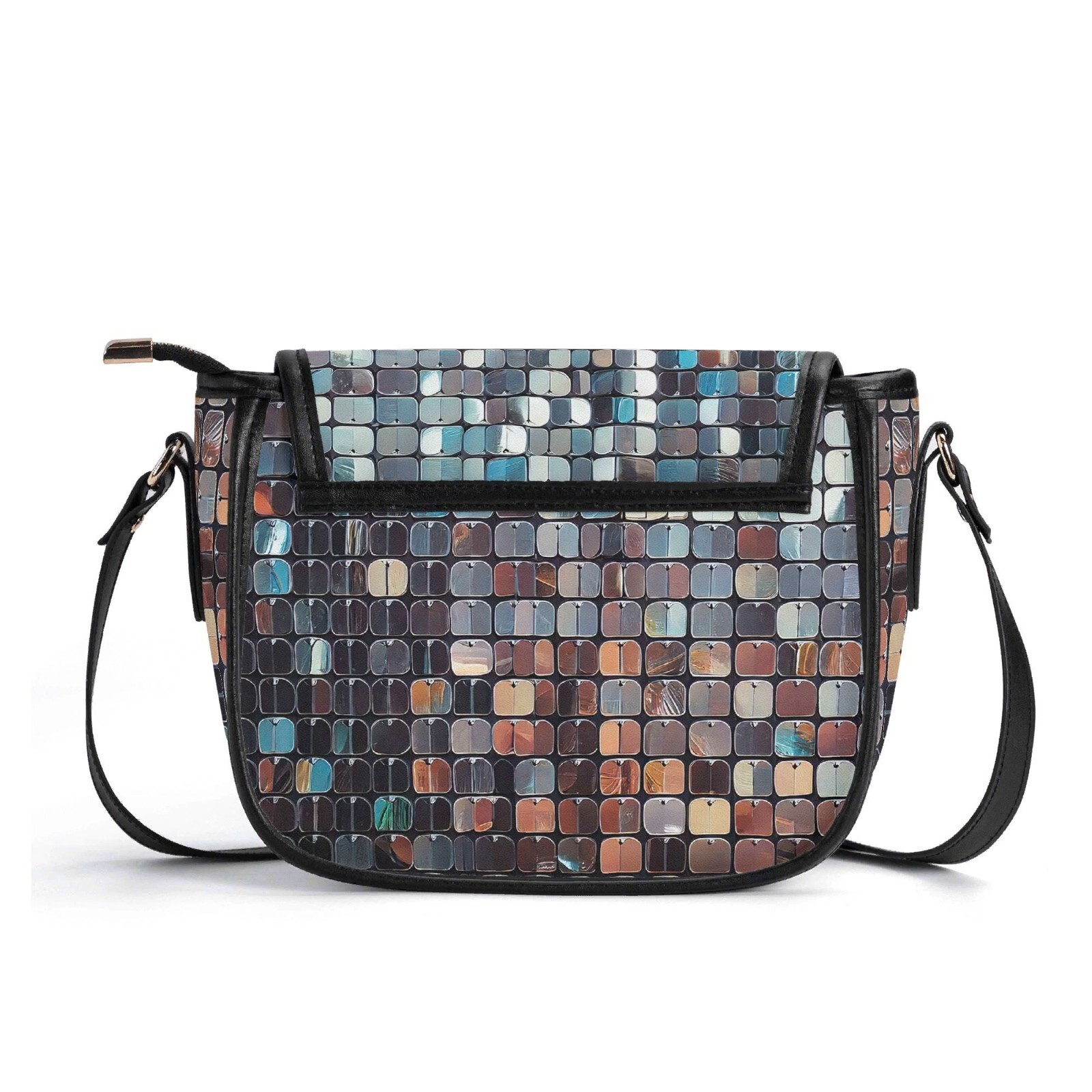 Sequin Tiles Scales Genuine Leather Saddle Shoulder Bag Handbag Silver Disco