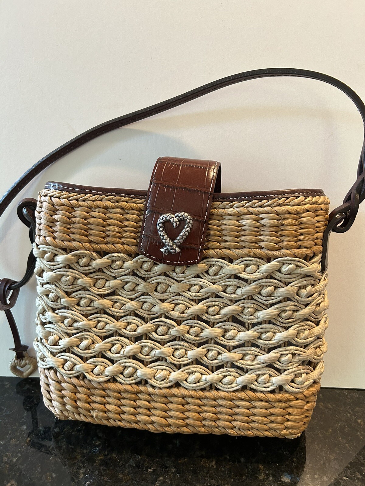 Brighton Sadie Weave 2-Tone Straw & Leather Bag Flap Magnetic Button