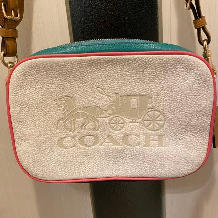 COACH Jes Double Zip Camera Bag Chalk Pebble Leather Rainbow Strap 9.6×6.3 inch
