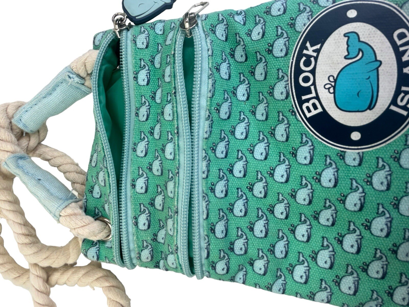 Block Island Mini Zip Crossbody Bag Double Zip Whale Pattern Logo Rope Strap