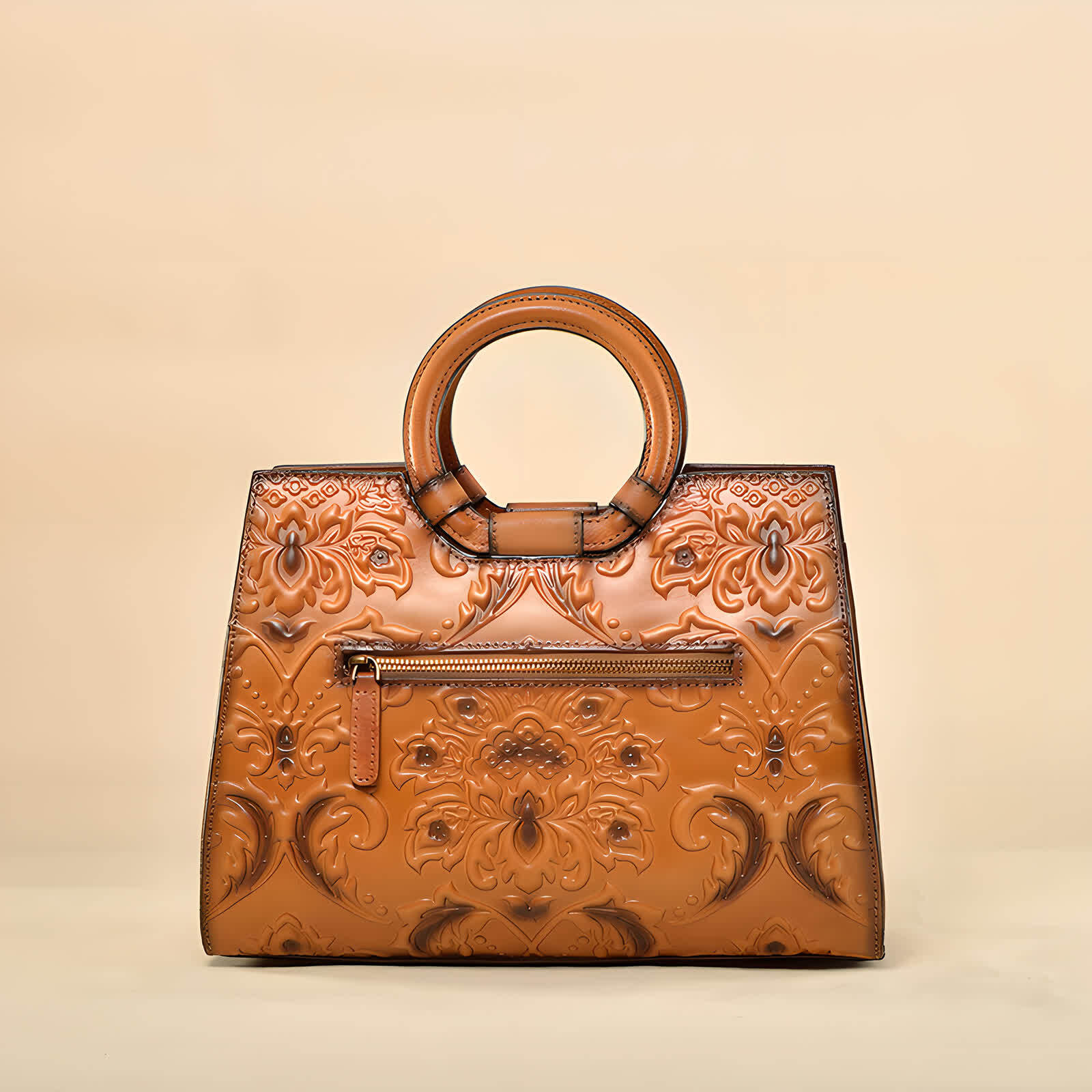 Erivis Black Top round handle Leather Bag Handbag Hand-Carved Vintage