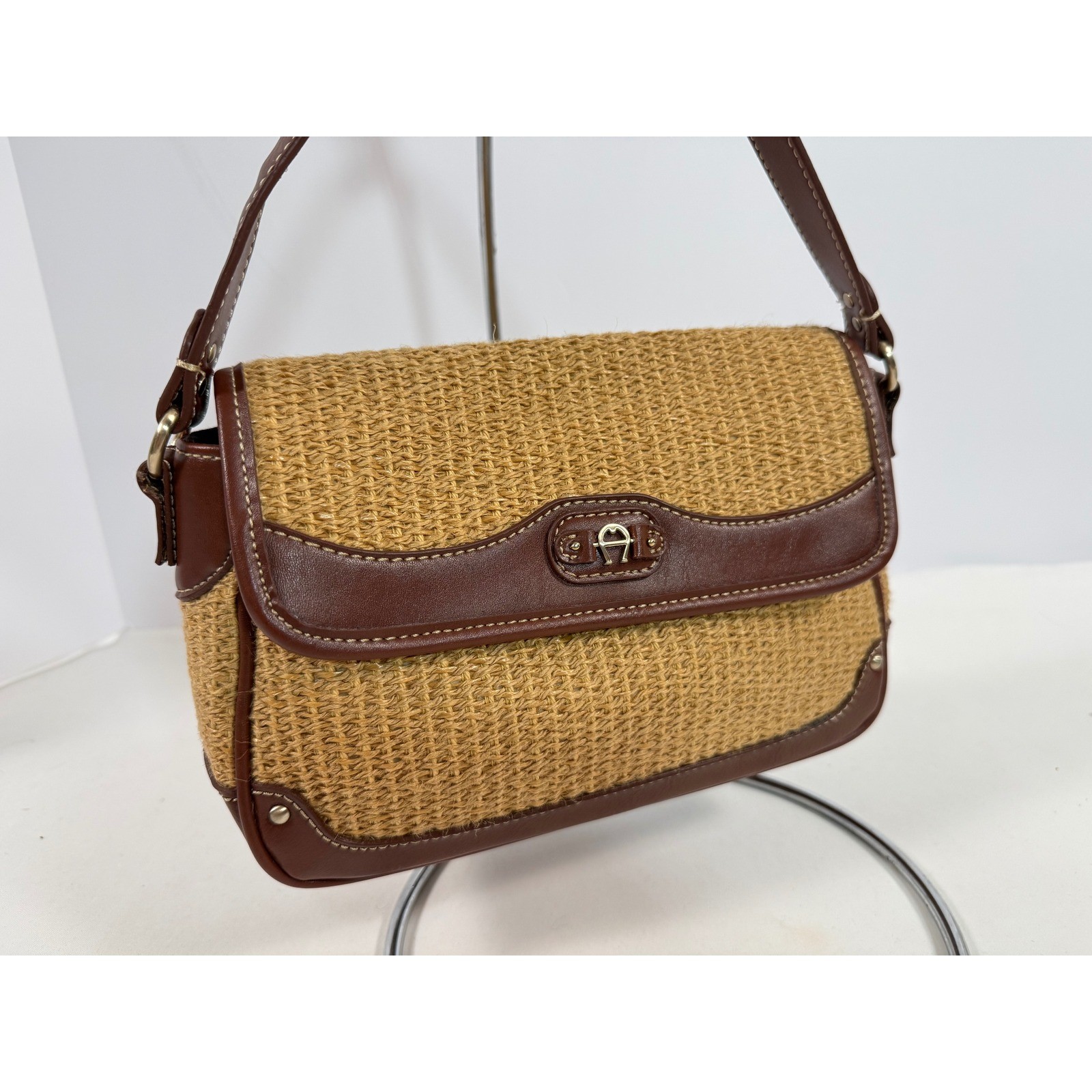 Etienne Aigner Brown Leather and Woven Straw Shoulder Bag Vintage Style Handbag
