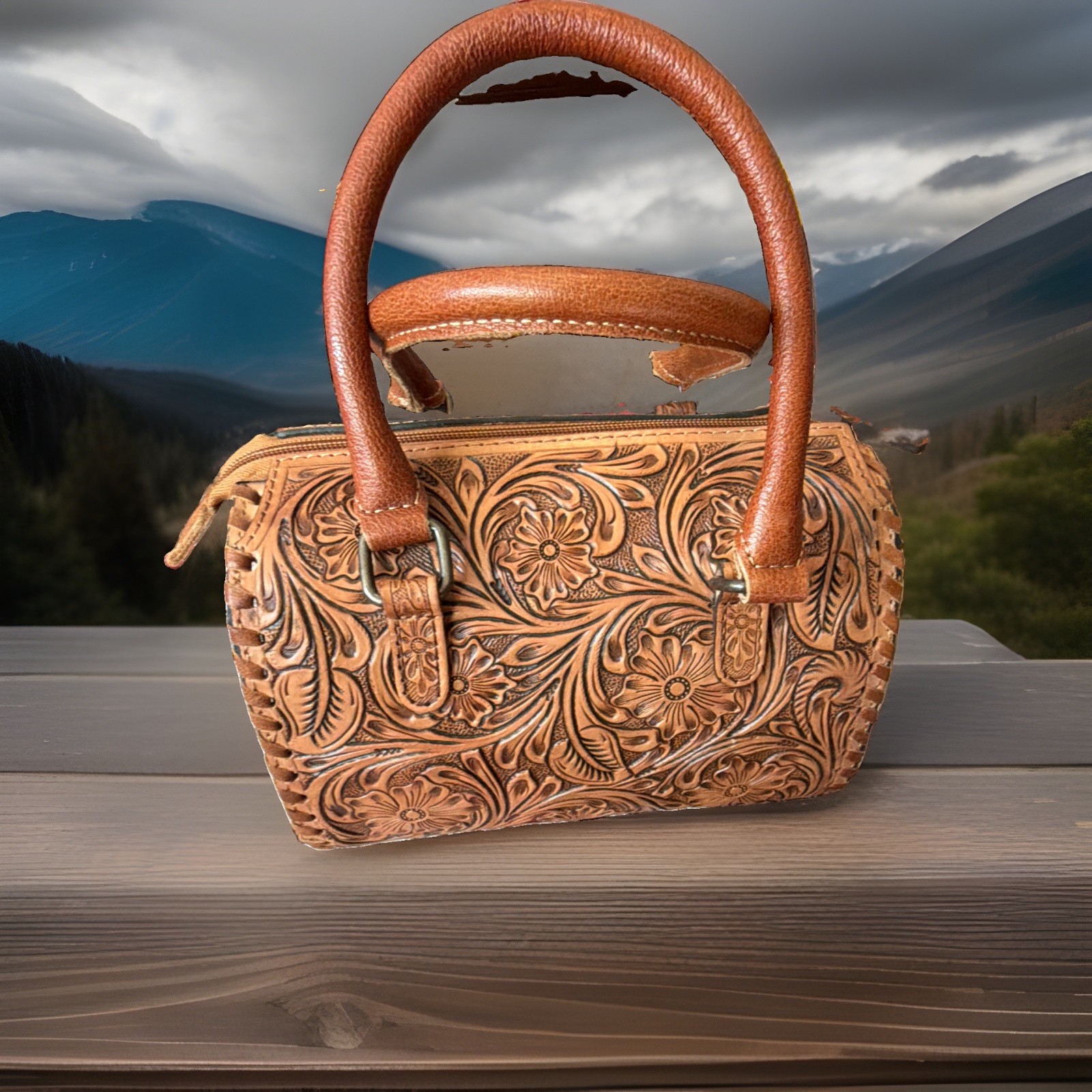 Tooled Floral Western Satchel Top Handle Zip Brown Detach Strap Thunderbird