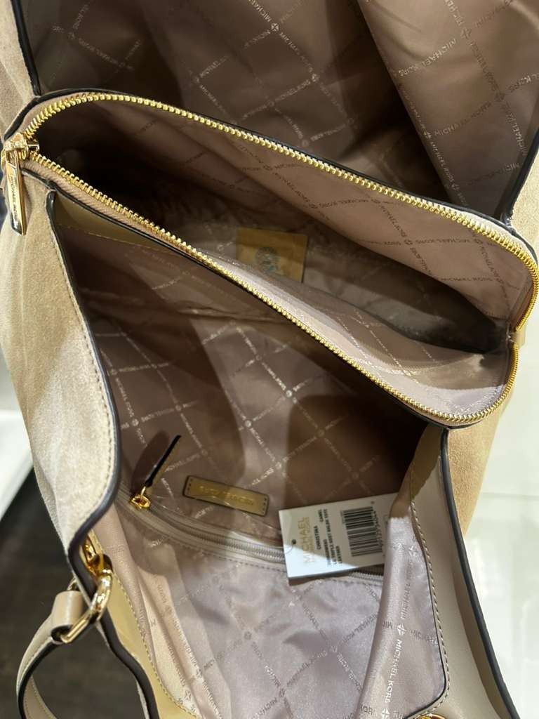 Michael Kors Christina Lady MK Large Suede Handbag Purse Shoulder Tote Camel Bag