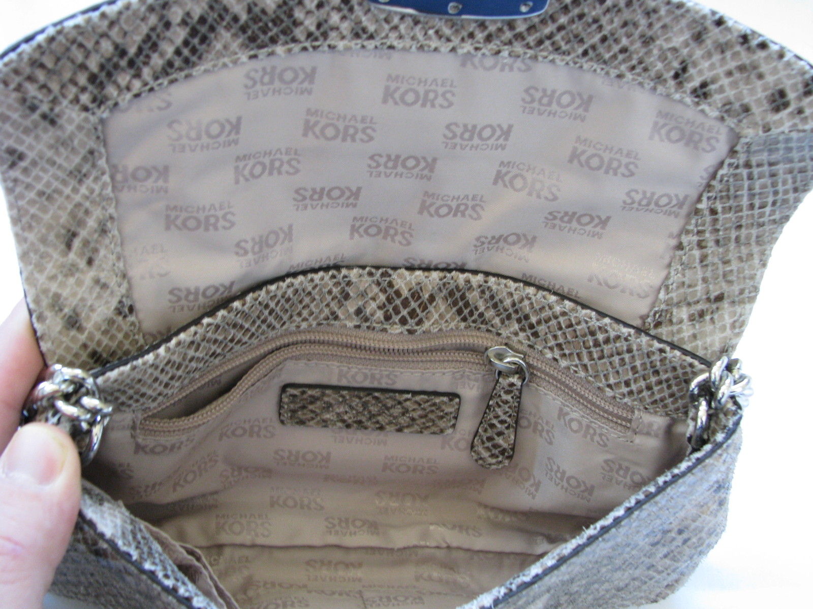 NEW MICHAEL KORS JENNA ANGORA,SAND PYTHON LEATHER+SILVER CLUTCH SHOULDER BAG
