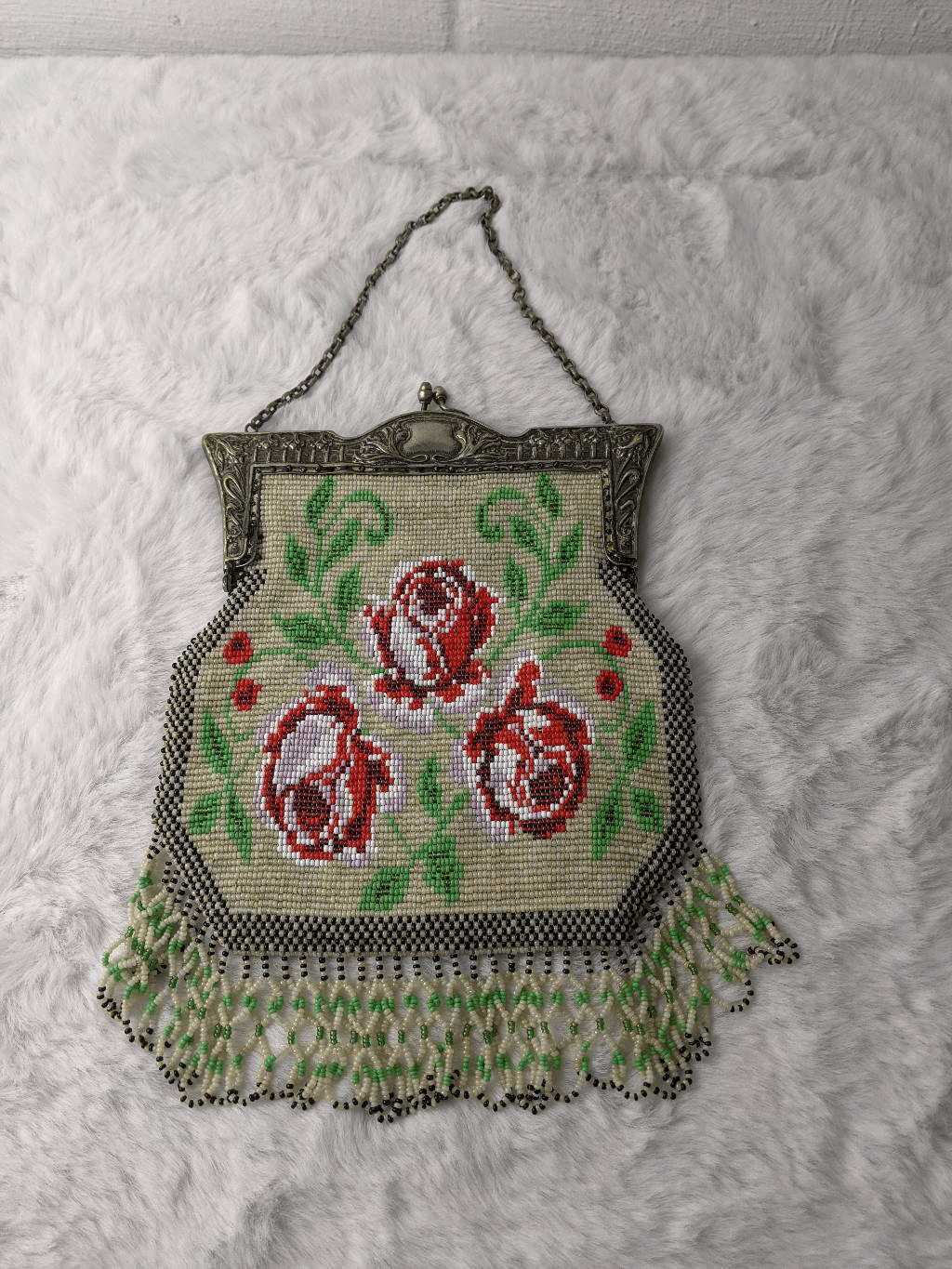 Vintage Mini Purse Sterling Silver Frame Kiss lock Bracket Handle Beaded Floral
