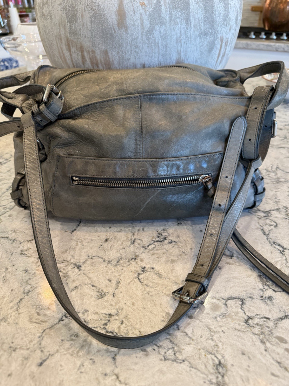JOELLE HAWKENS GRAY LEATHER WOVEN & CORDED BOTTOM SHOULDER BAG PURSE