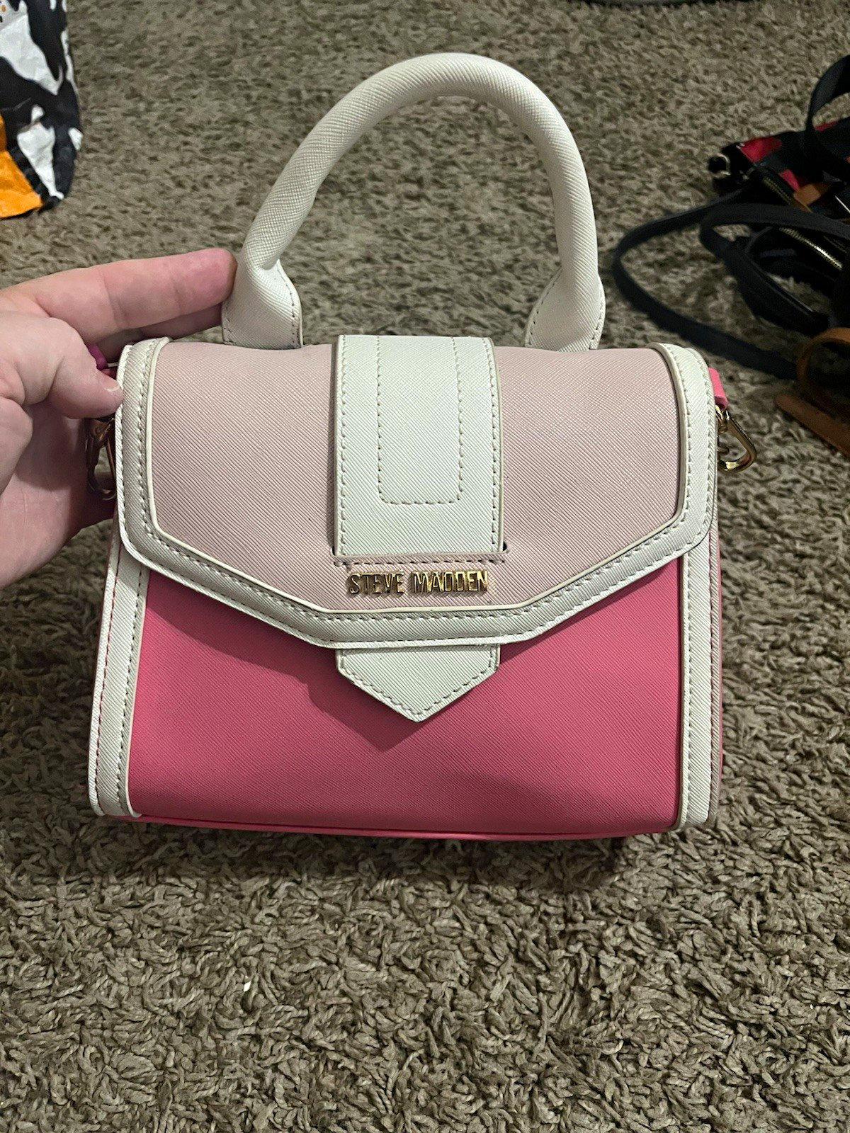 Steve Madden Pink/White Colorblock Small Top Handle Crossbody Snap Gold Hardware