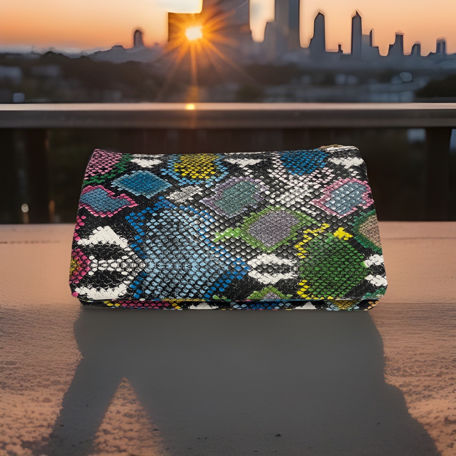 NWT Vegan Crossbody Bag Wallet Triple Slot Zip Multi Color Python Purse Travel