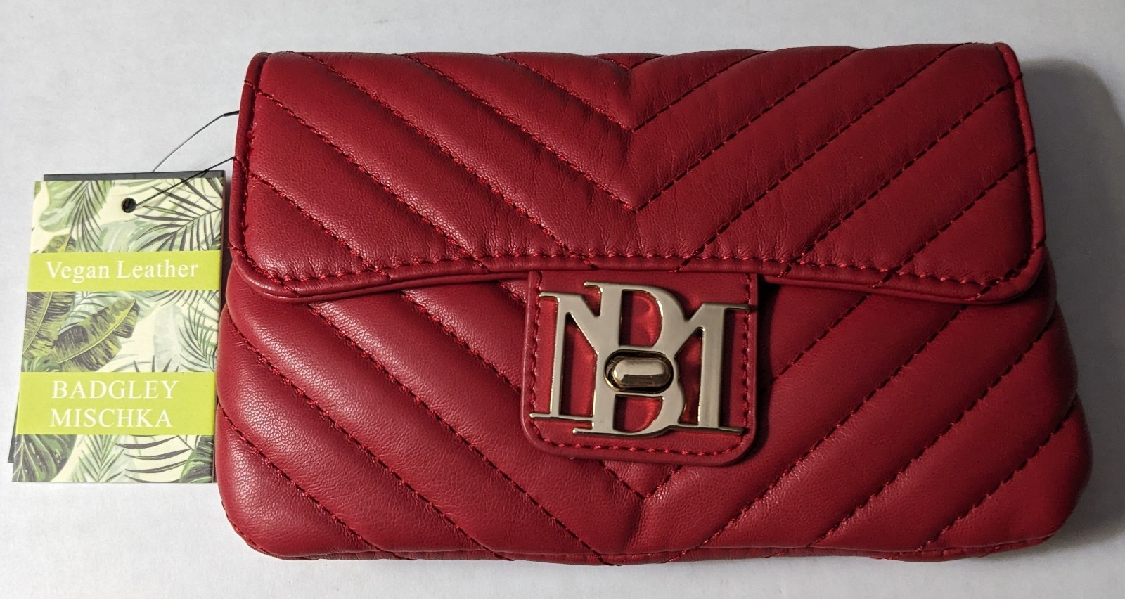 Badgley Mischka Crossbody Purse Blood Red Quilted Gold Chain Vegan Leather New