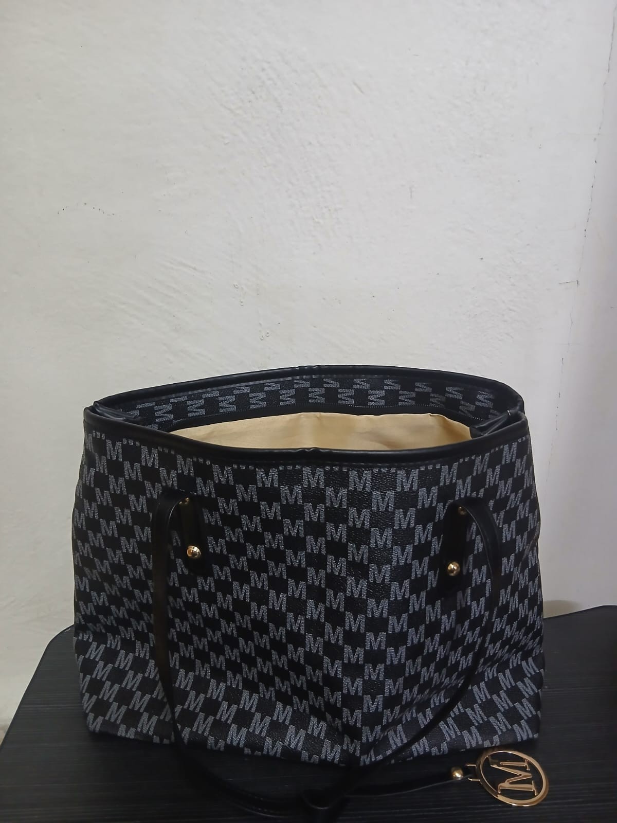 Women’s Black Tote Bag Monogram Print Large Shoulder Handbag Chic Purse