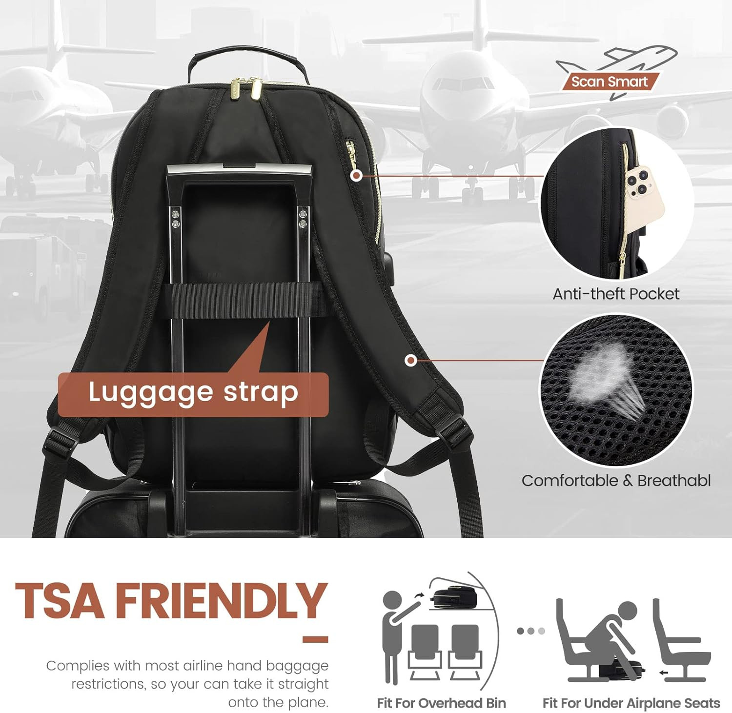 15.6 Inch Laptop Backpack for Women, Waterproof Travel Bag with USB Port