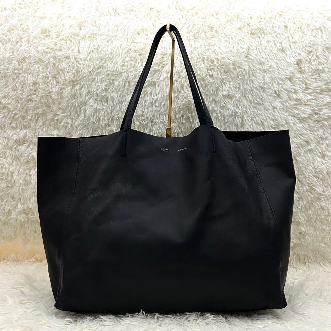 CELINE Horizontal Cabas Leather Tote Bag Black Gold Logo Phoebe Philo Auth