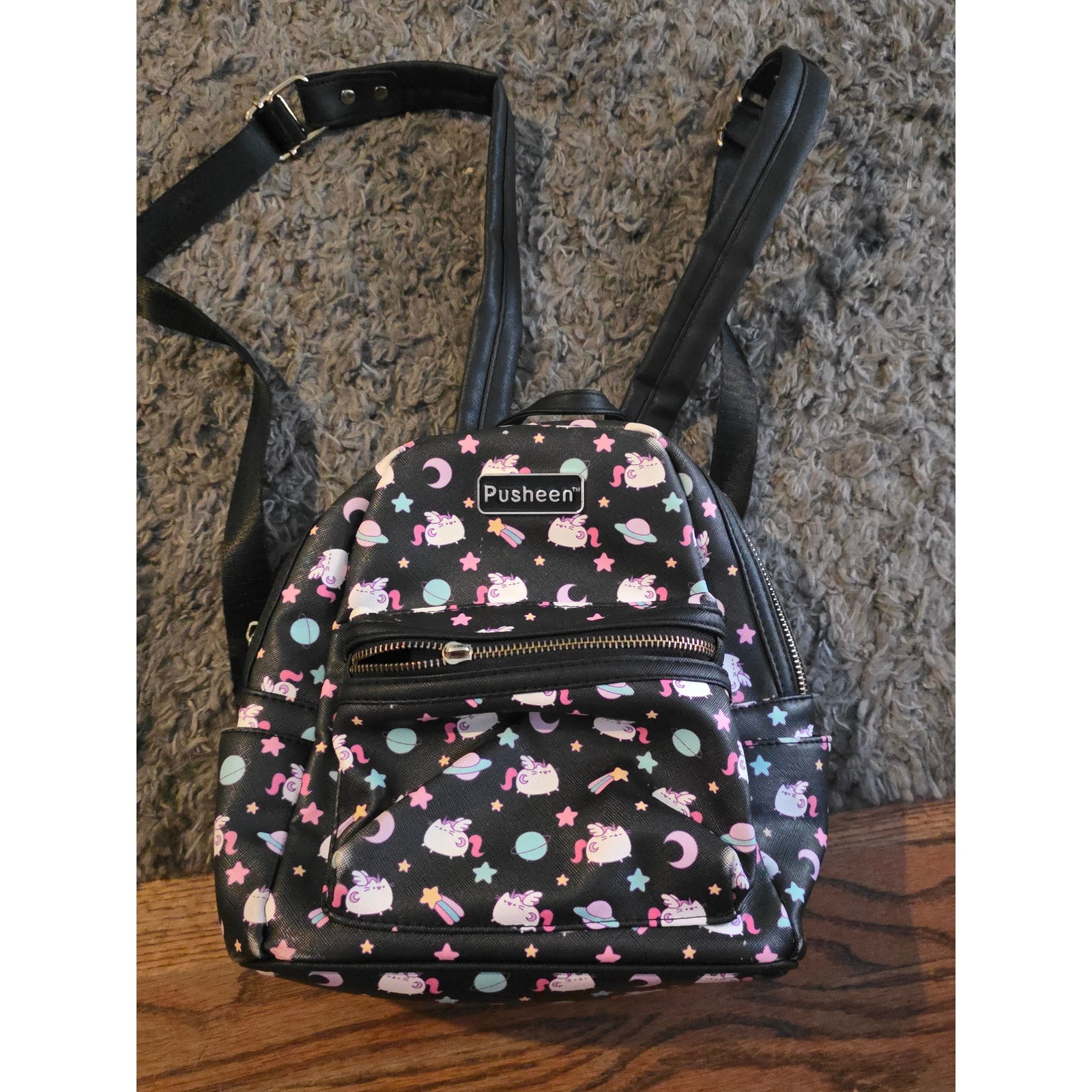 Pusheen Mini Backpack Black Celestial Unicorn Cat Stars Planets Faux Leather