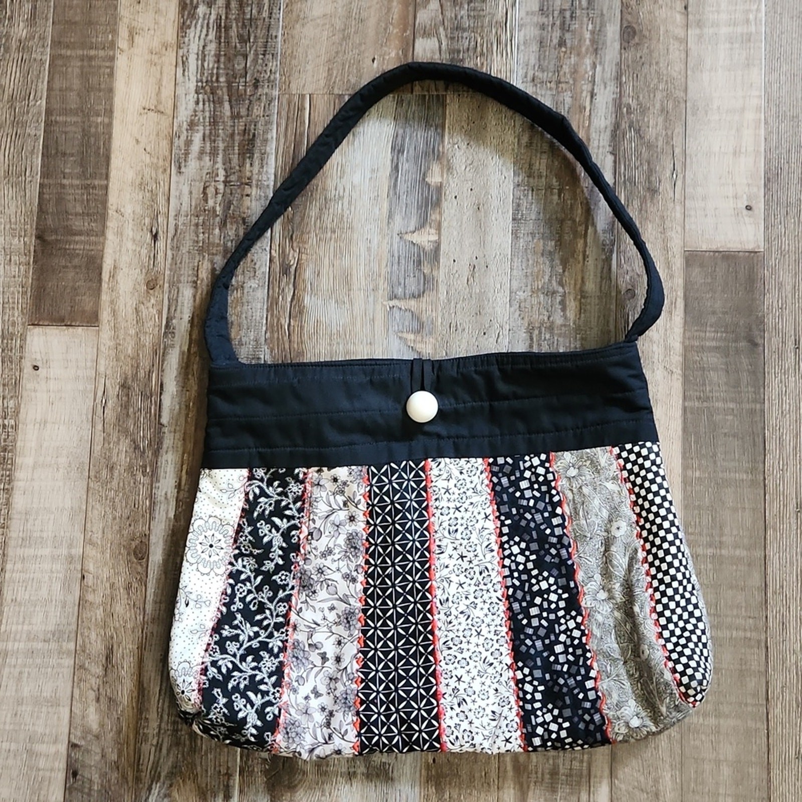 Handmade Quilted Black White Red Shoulder Purse Bag Floral Butterfly Embroidered