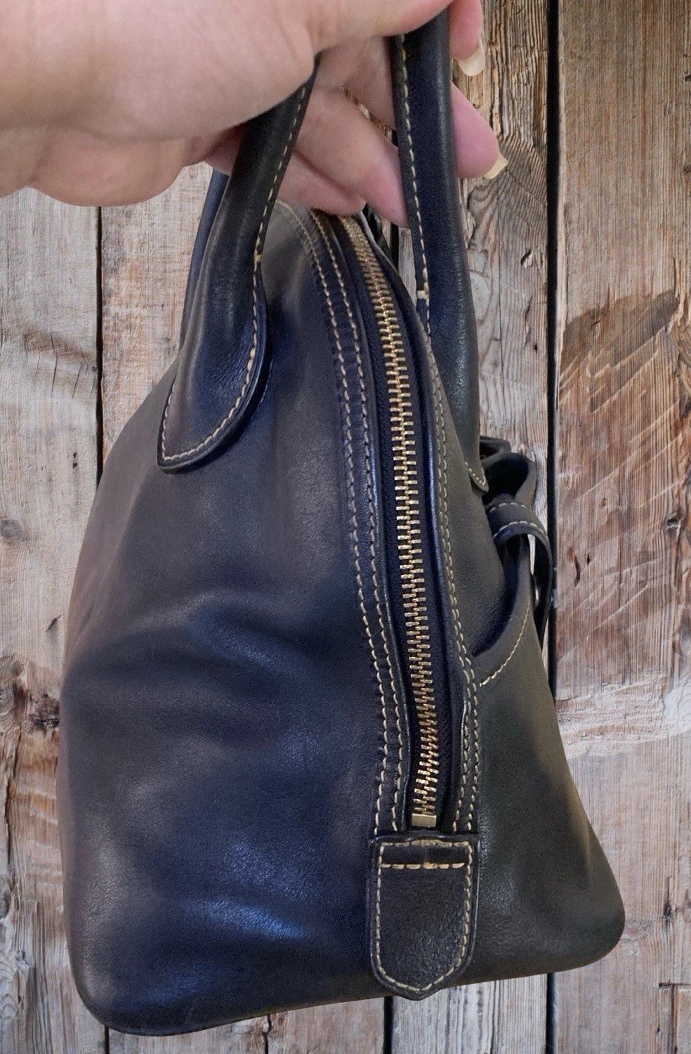 Dooney Bourke All Black Florentine Vacchetta Leather Domed Satchel Tote Bag